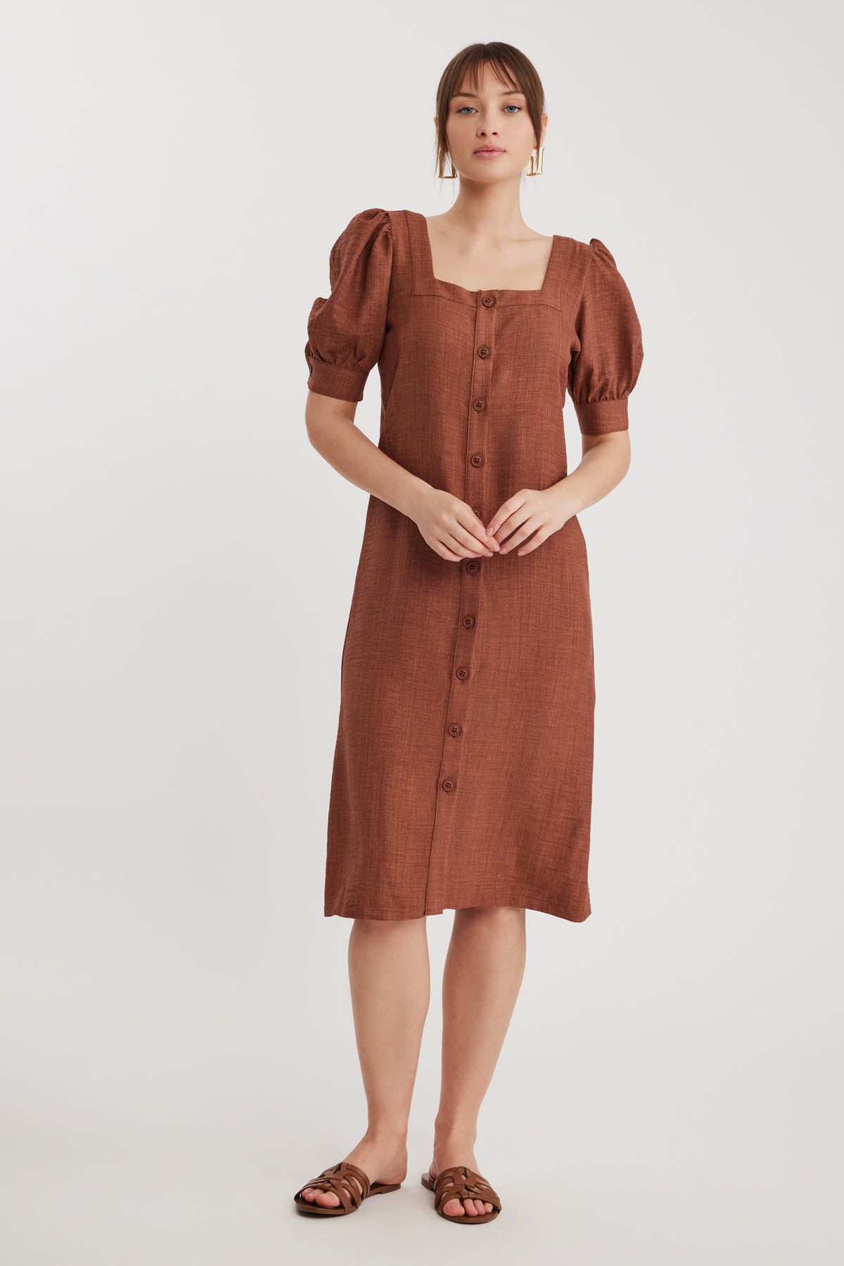 SHORT SLEEVE DRESS WITH SQUARE COLLAR FRONT BUTTON