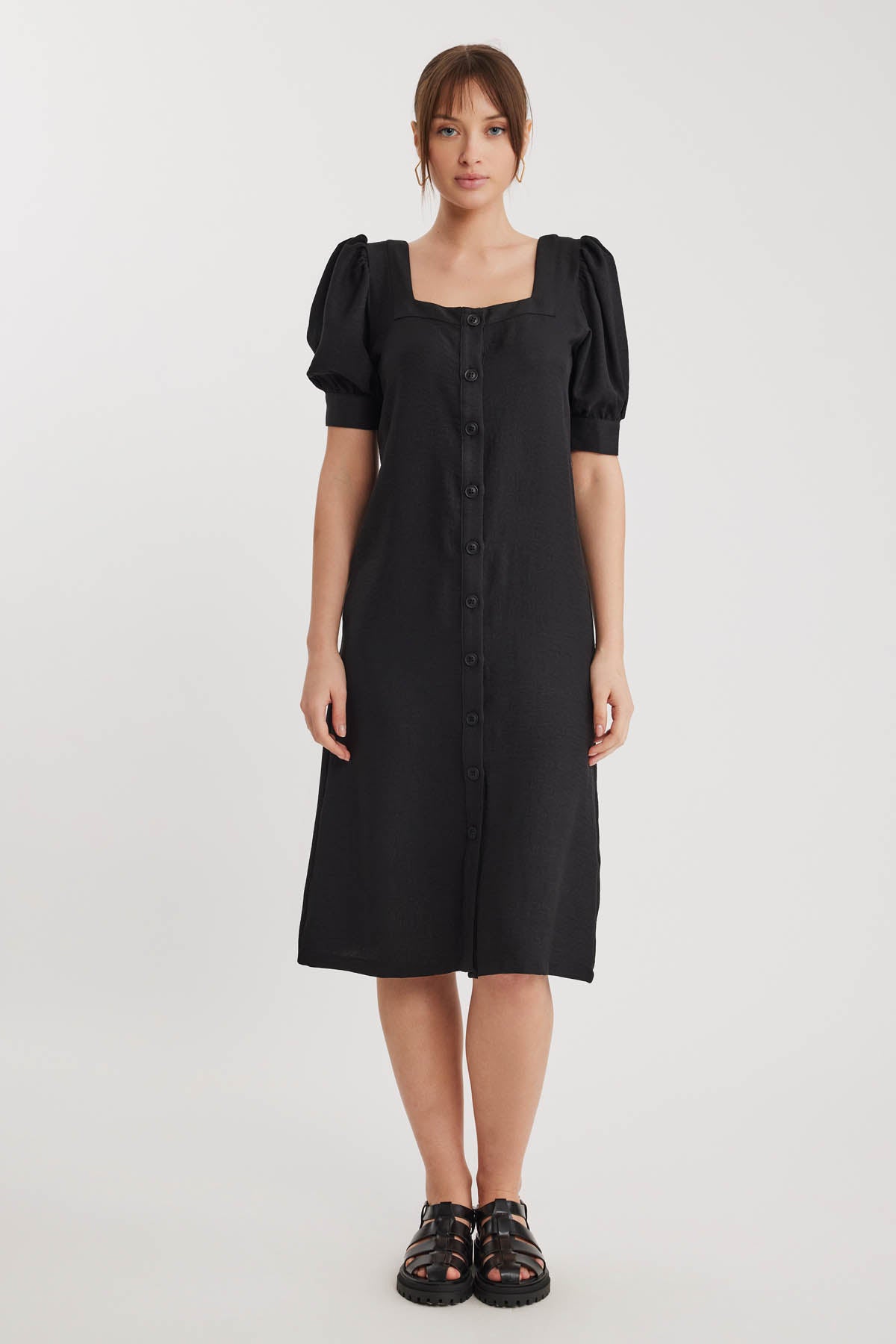 SHORT SLEEVE DRESS WITH SQUARE COLLAR FRONT BUTTON