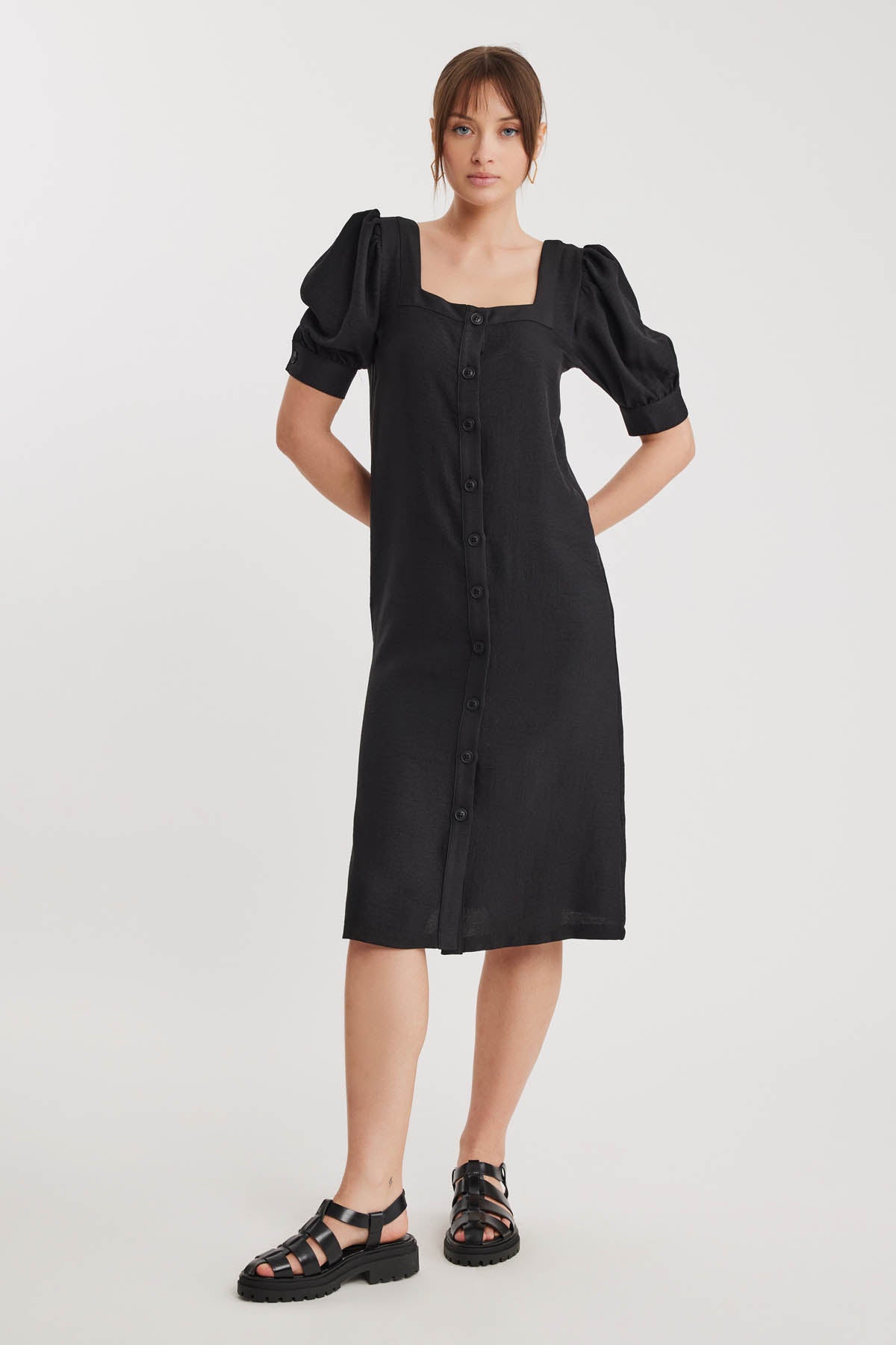 SHORT SLEEVE DRESS WITH SQUARE COLLAR FRONT BUTTON