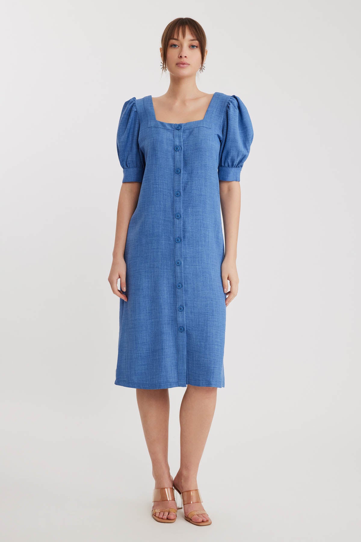 SHORT SLEEVE DRESS WITH SQUARE COLLAR FRONT BUTTON