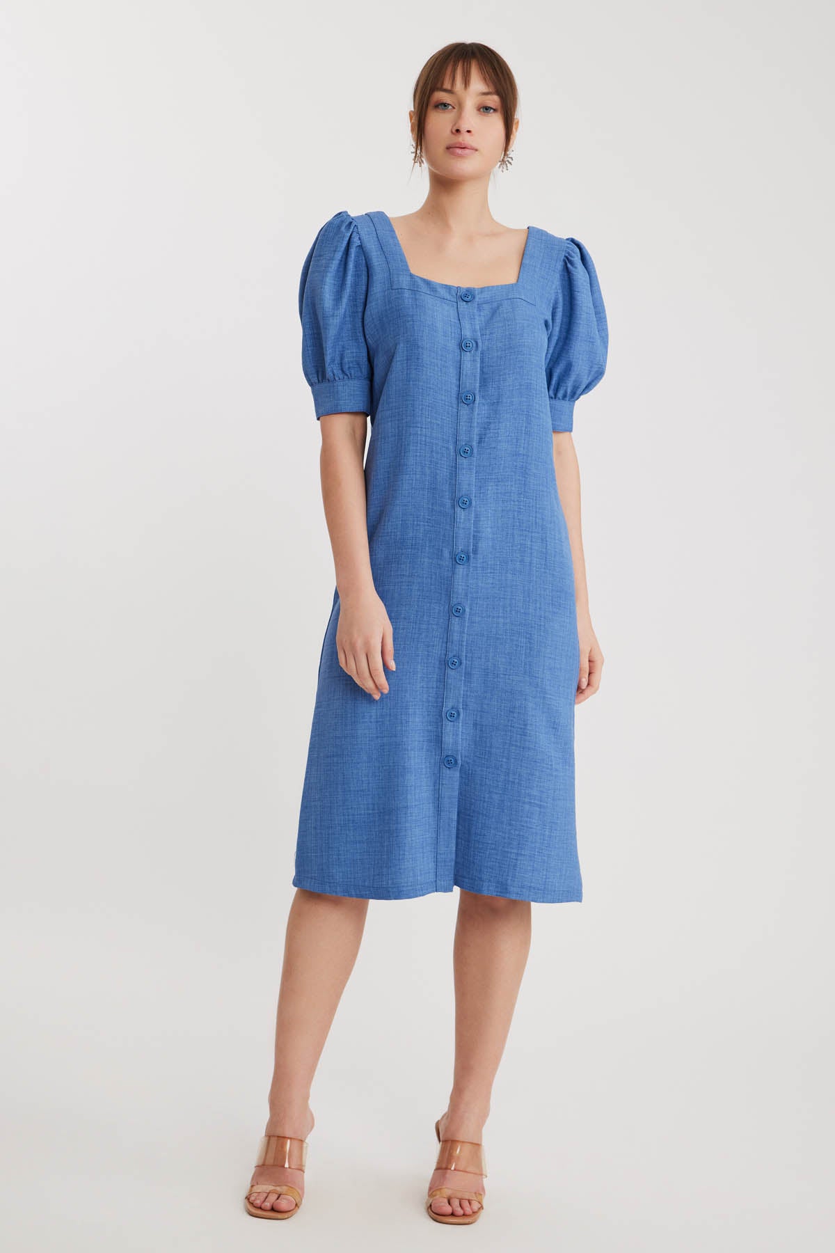SHORT SLEEVE DRESS WITH SQUARE COLLAR FRONT BUTTON