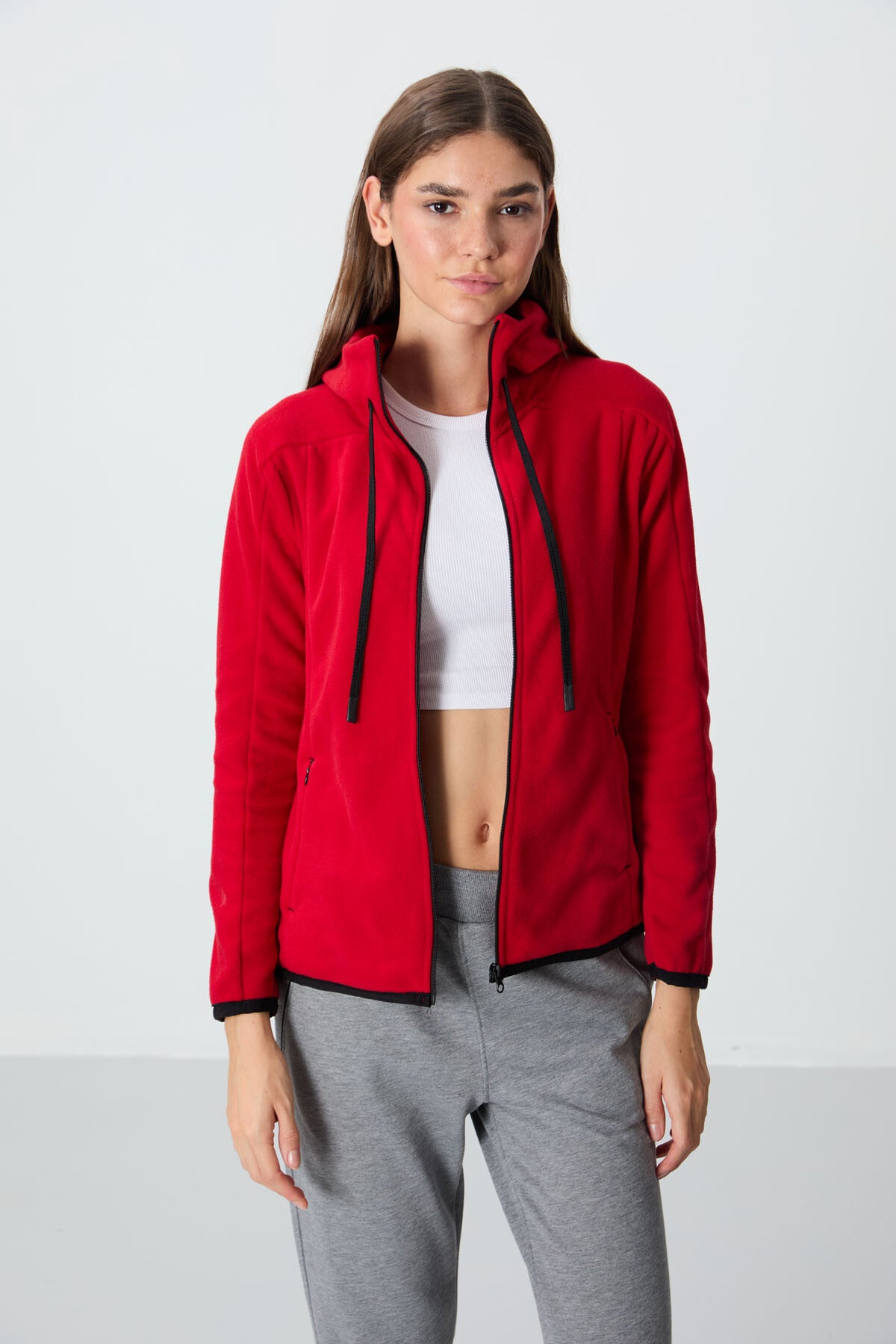 Red Thick Soft Textured Hooded Standard Fit Embroidered Fleece Women's Sweatshirt -97287