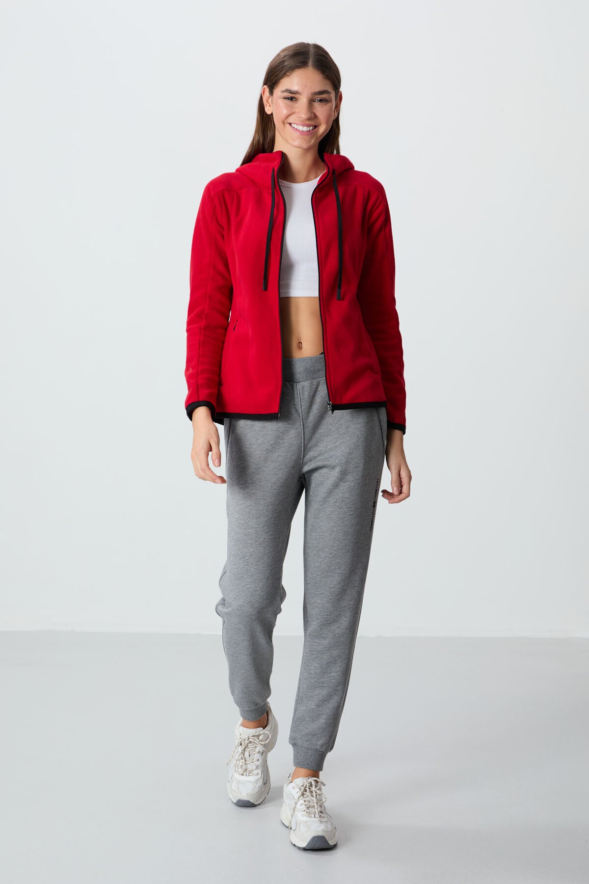 Red Thick Soft Textured Hooded Standard Fit Embroidered Fleece Women's Sweatshirt -97287