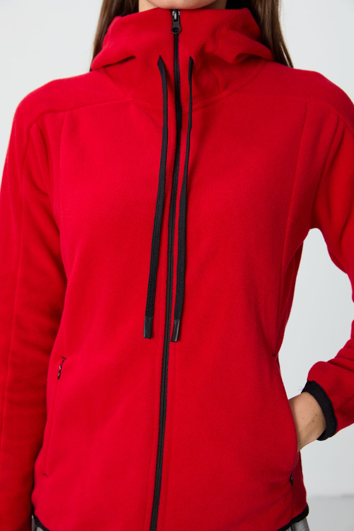 Red Thick Soft Textured Hooded Standard Fit Embroidered Fleece Women's Sweatshirt -97287