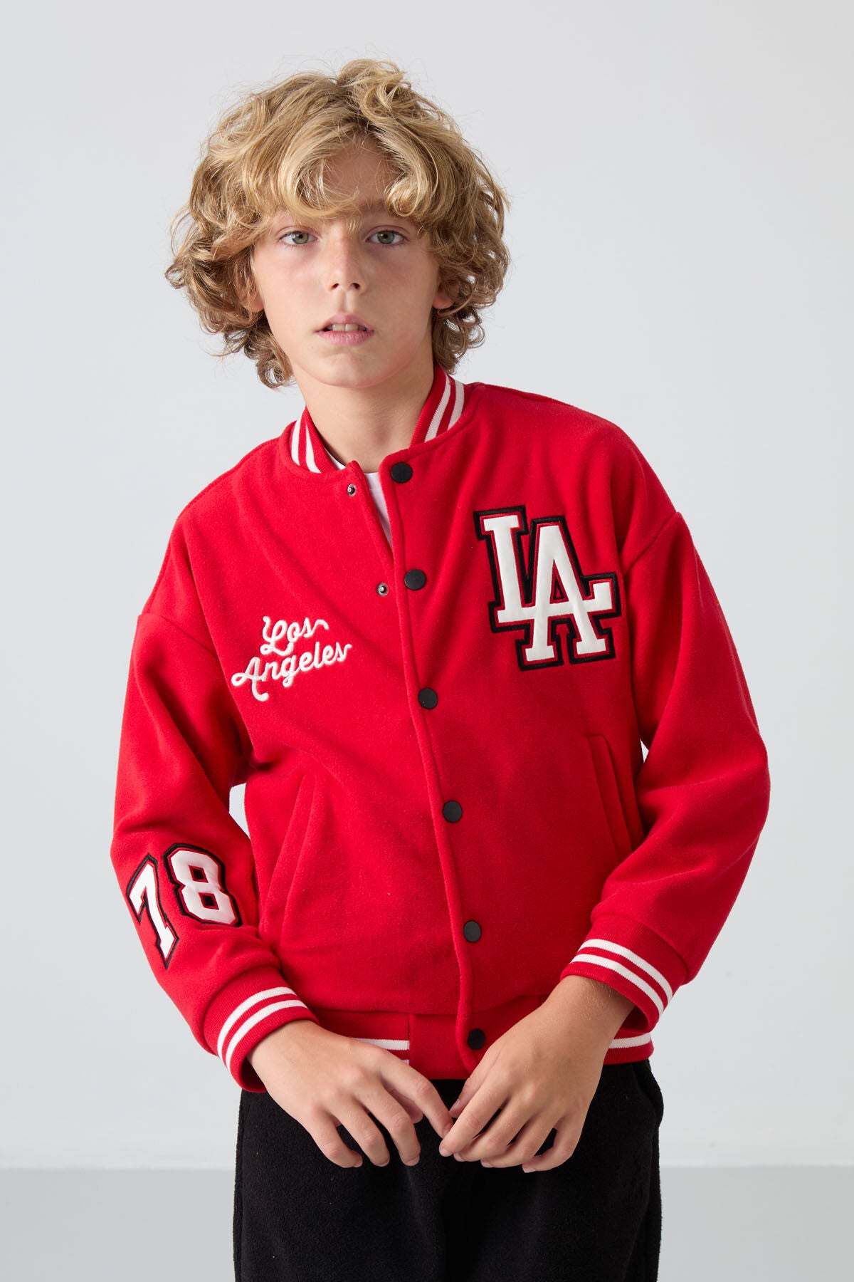 Red Thick Soft Textured Standard Fit Embroidered Fleece Boys' College Jacket - 11227