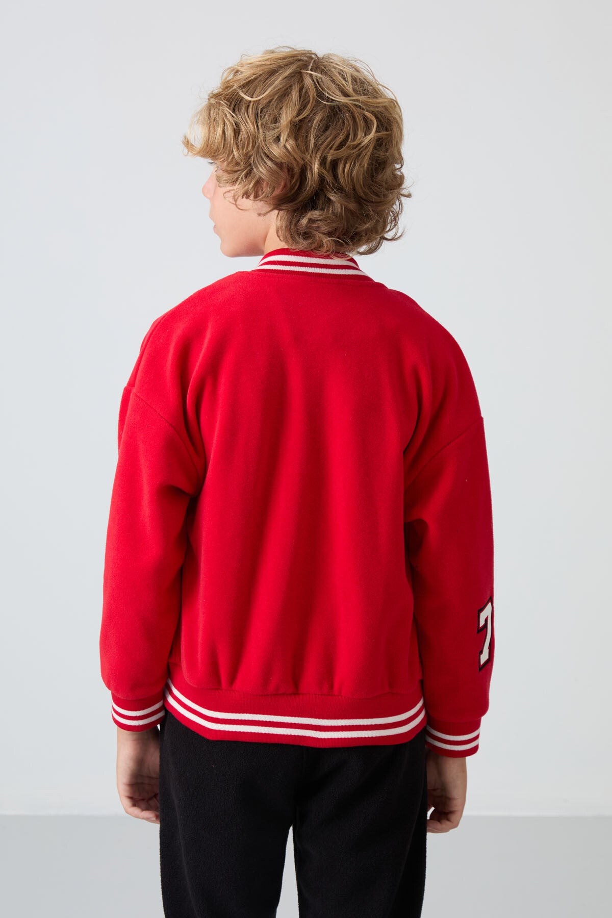 Red Thick Soft Textured Standard Fit Embroidered Fleece Boys' College Jacket - 11227