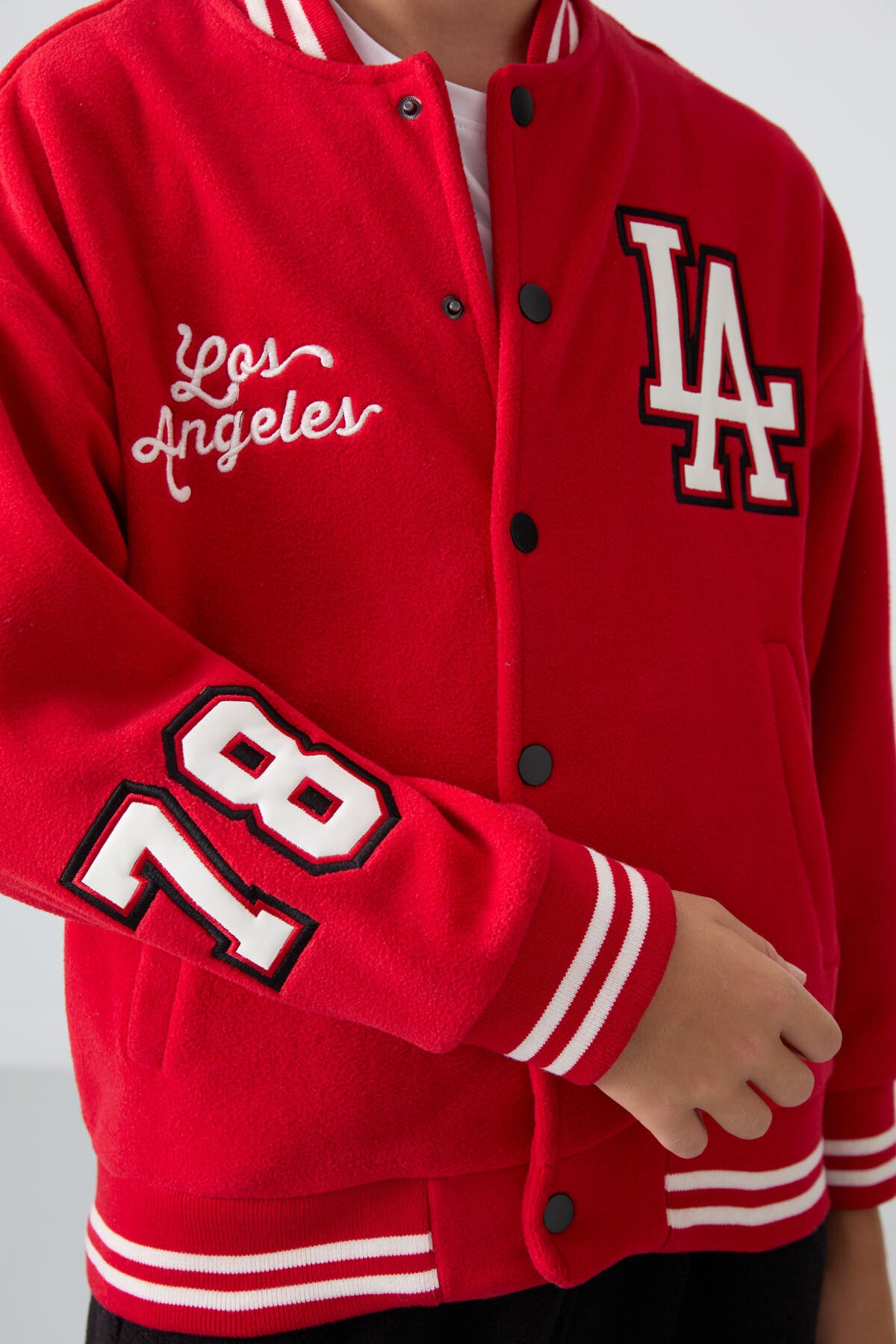 Red Thick Soft Textured Standard Fit Embroidered Fleece Boys' College Jacket - 11227
