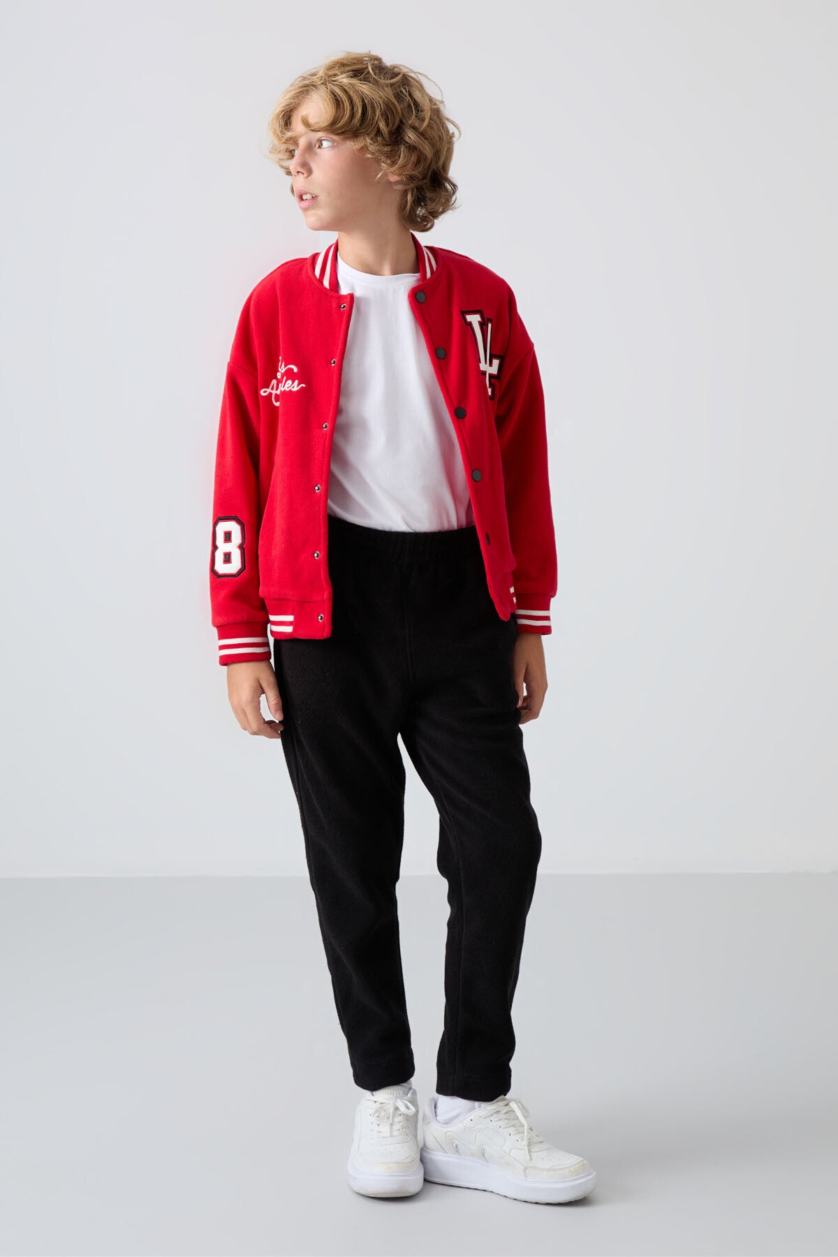 Red Thick Soft Textured Standard Fit Embroidered Fleece Boys' College Jacket - 11227