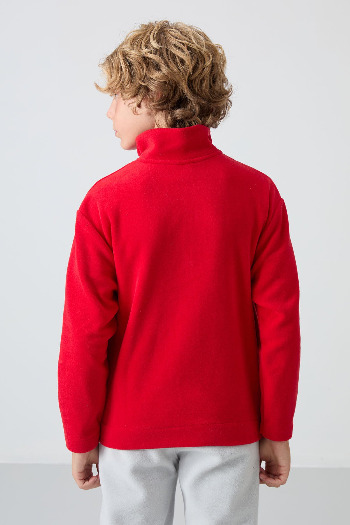 Red Thick Soft Textured Standard Fit Embroidered Fleece Boys' Sweatshirt - 11221