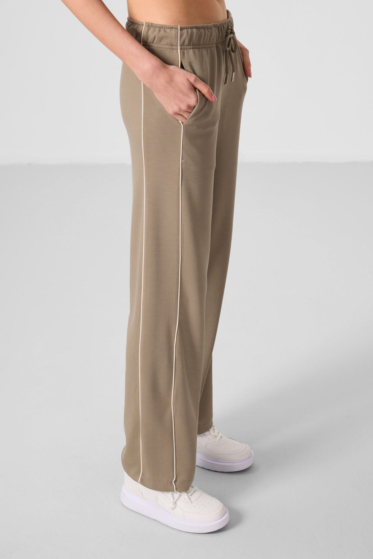 Dark Beige Soft Textured Side Panel Detailed Wide Leg Women's Palazzo Trousers - 94669