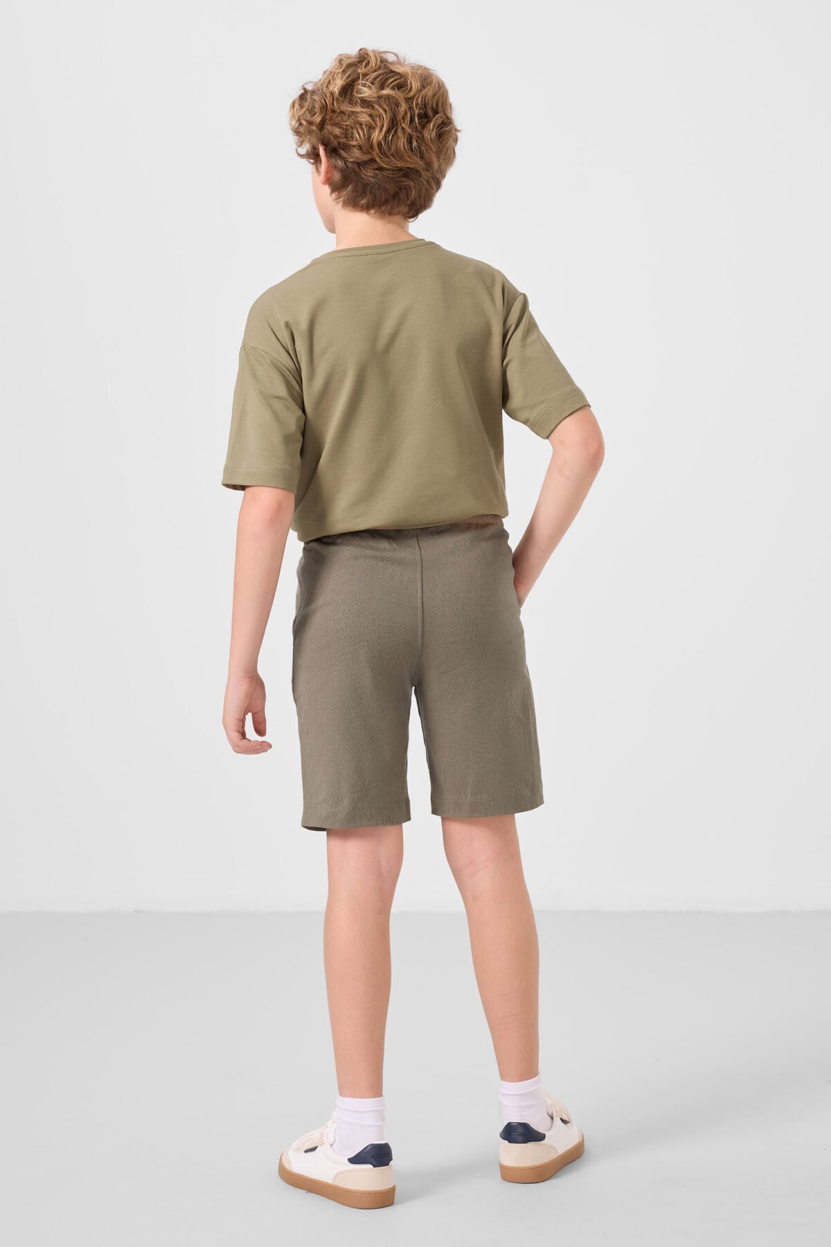 Dark beige-camel cotton oversized fit woven lightweight elastic Chino shorts set - 11277