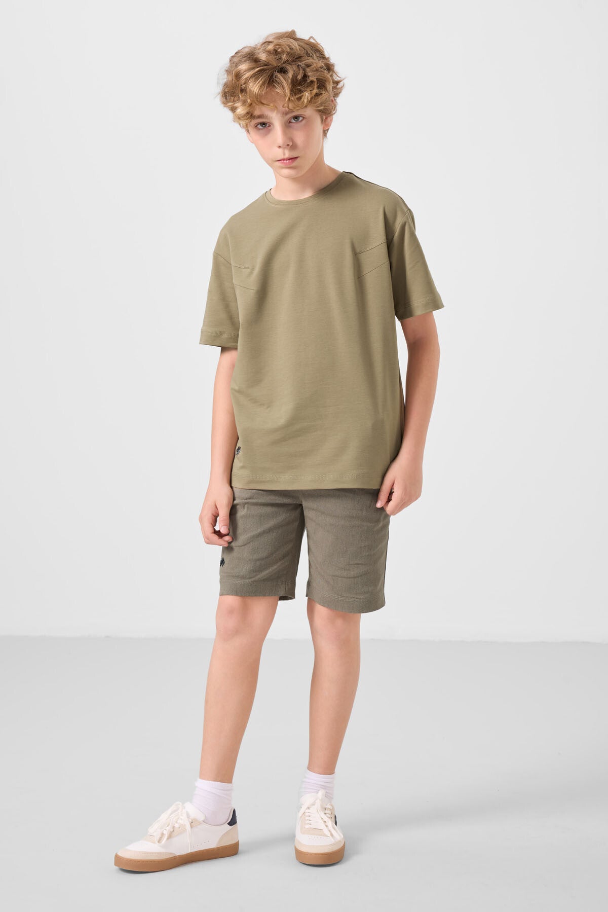 Dark beige-camel cotton oversized fit woven lightweight elastic Chino shorts set - 11277