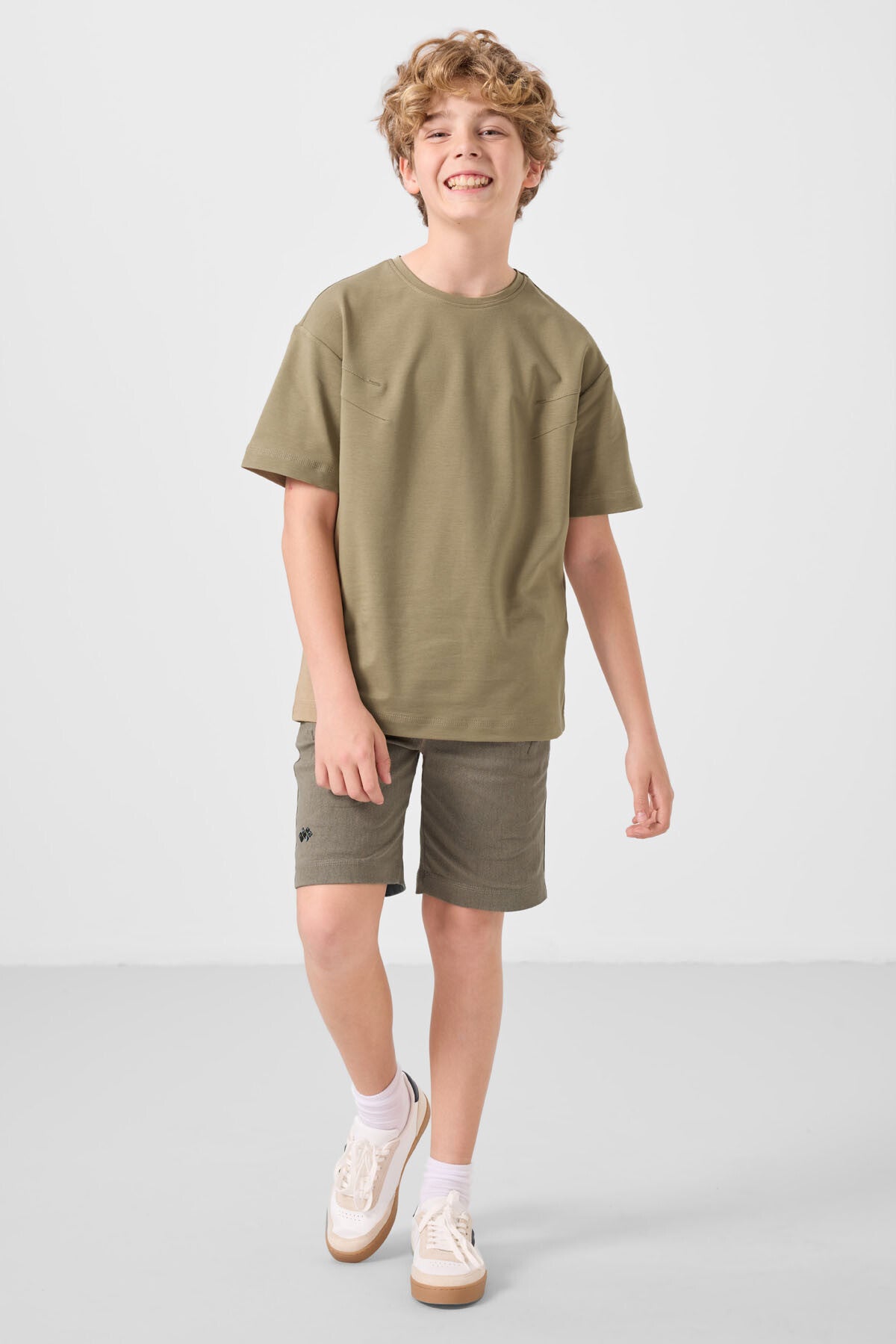 Dark beige-camel cotton oversized fit woven lightweight elastic Chino shorts set - 11277