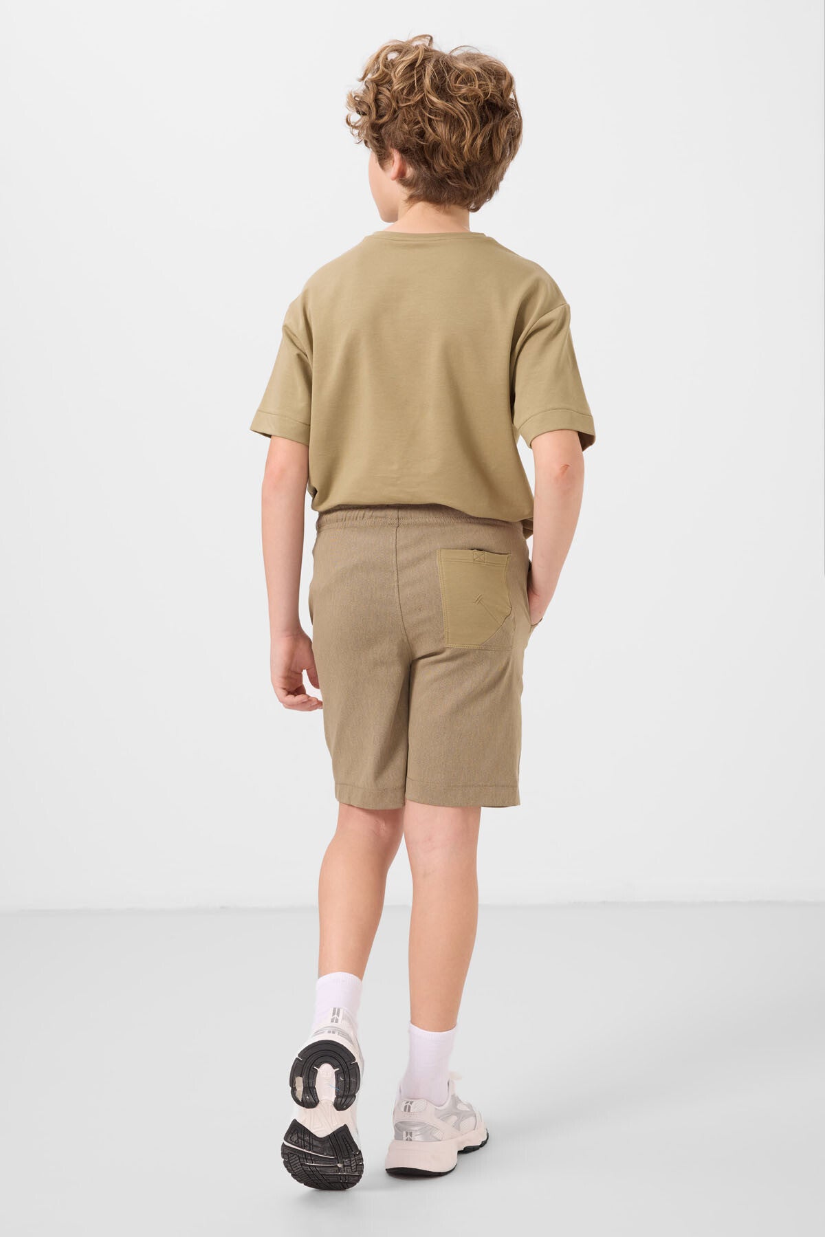 Dark beige-camel cotton oversized fit woven lightweight elastic Chino boys' shorts set - 11278