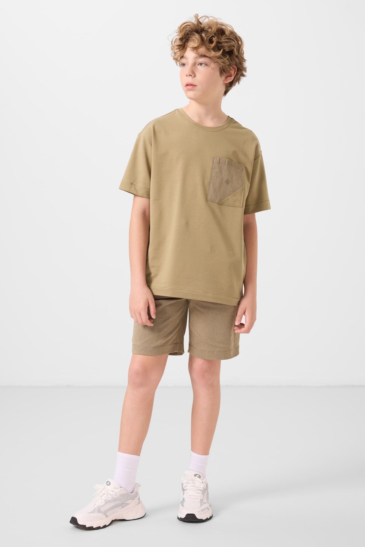 Dark beige-camel cotton oversized fit woven lightweight elastic Chino boys' shorts set - 11278
