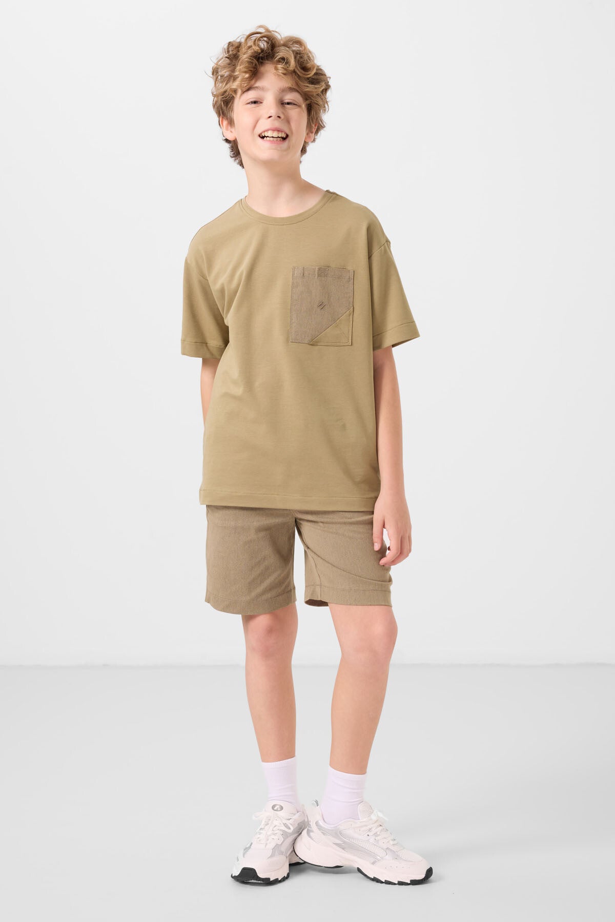 Dark beige-camel cotton oversized fit woven lightweight elastic Chino boys' shorts set - 11278