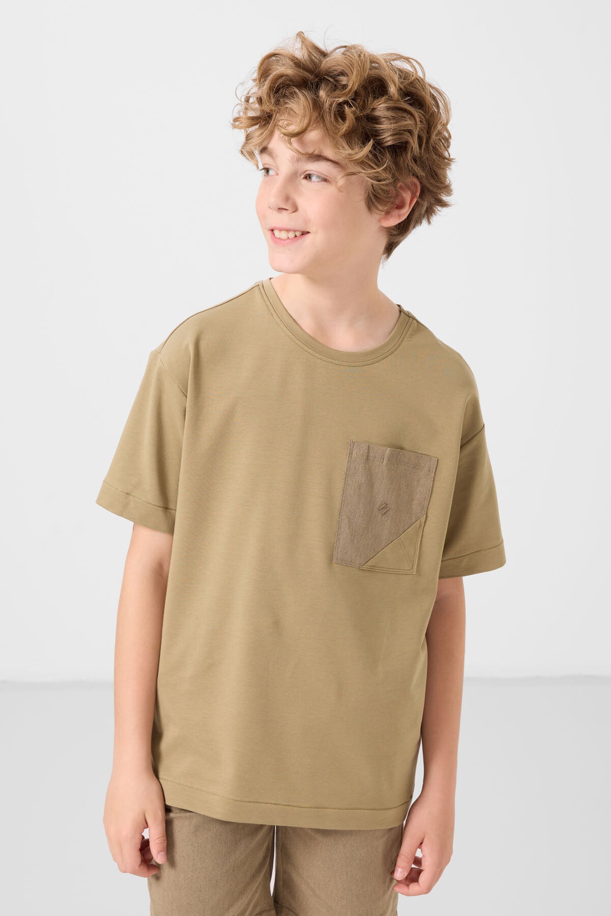 Dark beige-camel cotton oversized fit woven lightweight elastic Chino boys' shorts set - 11278