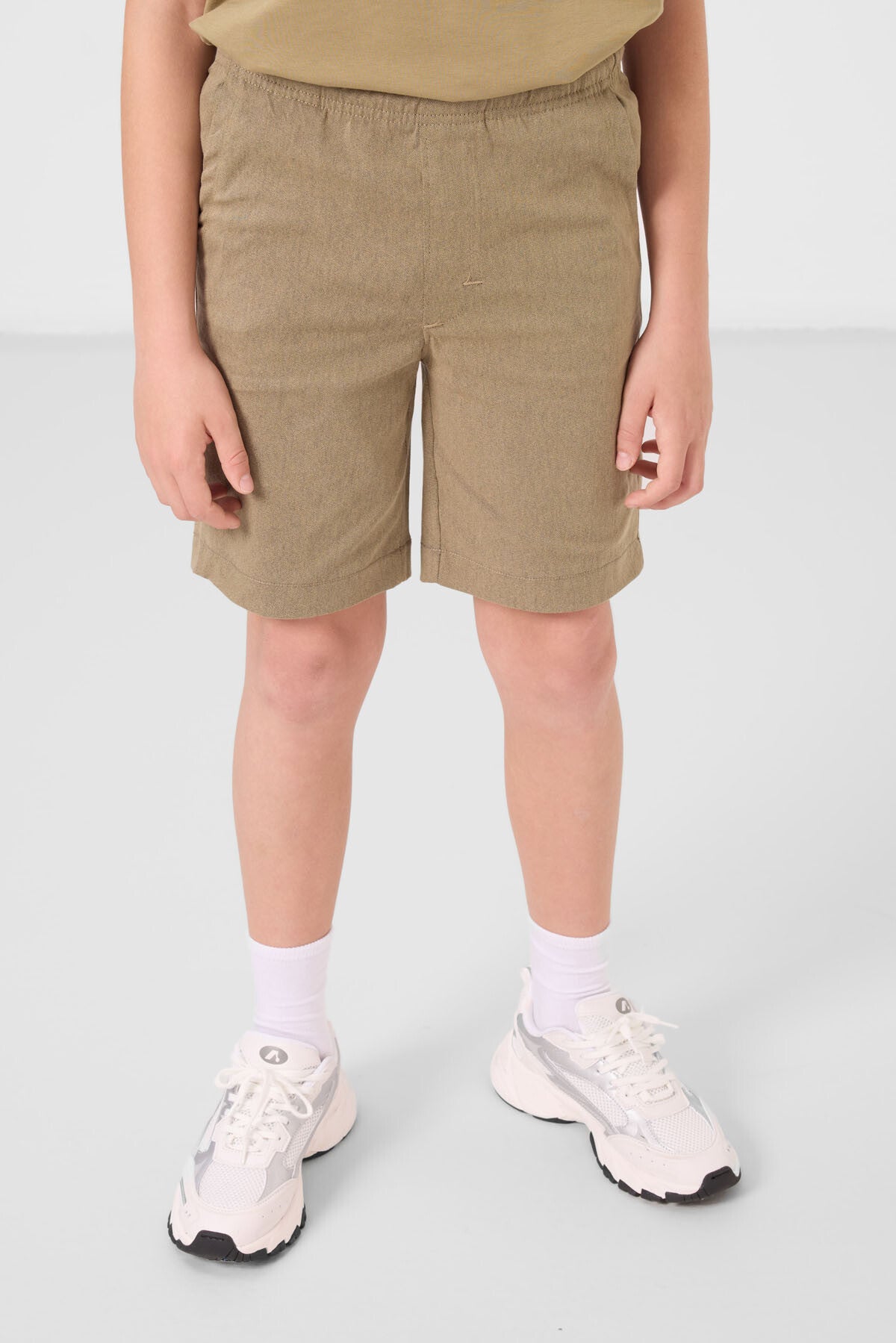 Dark beige-camel cotton oversized fit woven lightweight elastic Chino boys' shorts set - 11278