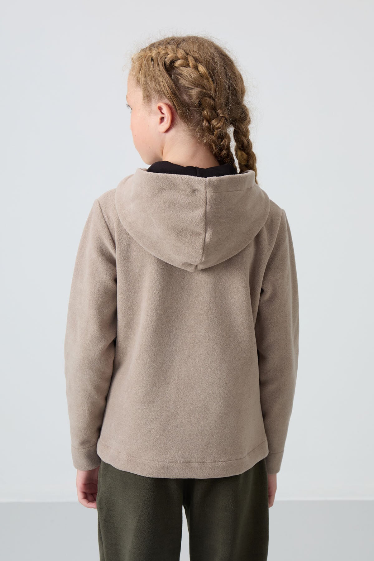 Dark Beige Thick Soft Textured Standard Fit Embroidered Fleece Girls' Sweatshirt - 75152