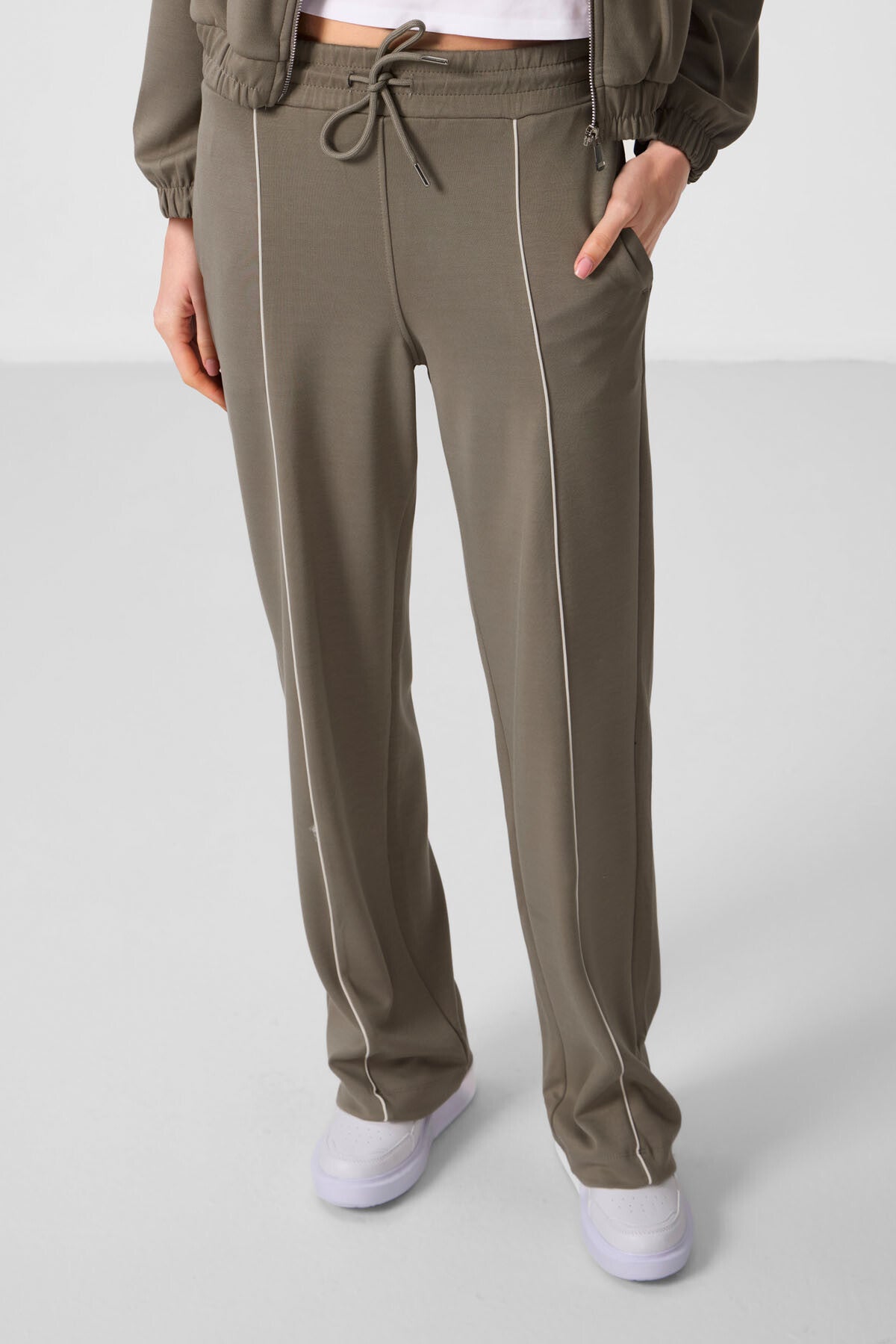 Dark Beige Soft Textured High Collar Oversize Elastane Women's Tracksuit Set - 95349