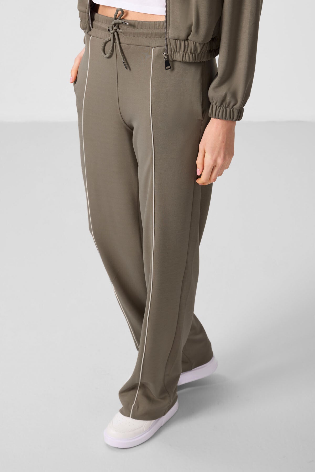 Dark Beige Soft Textured High Collar Oversize Elastane Women's Tracksuit Set - 95349