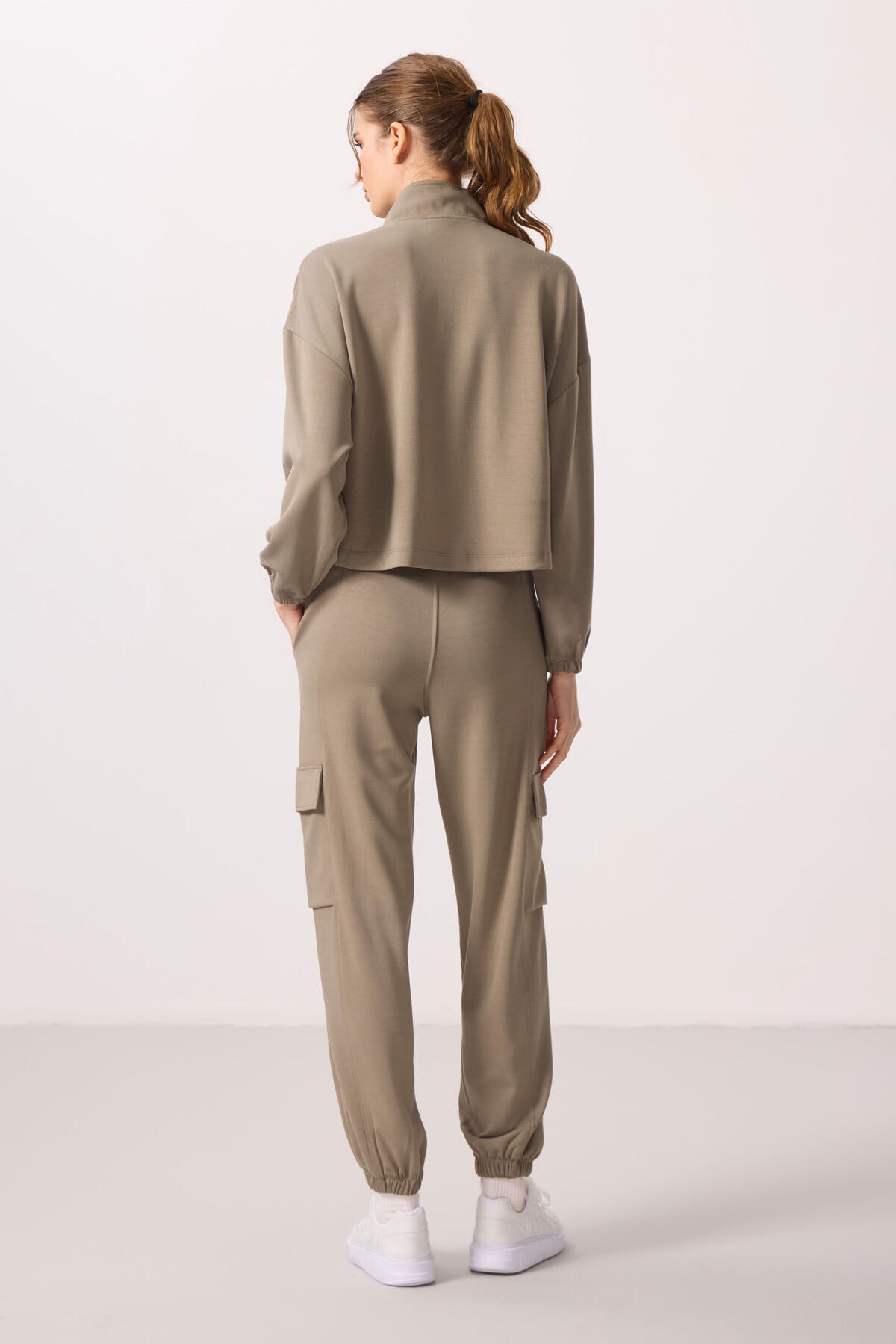 Dark Beige Soft Textured High Neck Hidden Zipper Oversize Women's Tracksuit Set - 95351