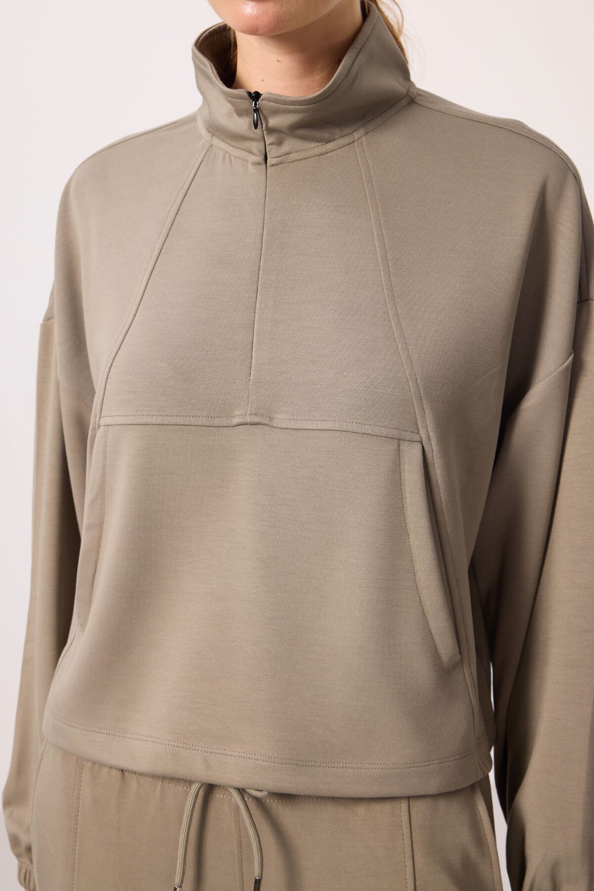 Dark Beige Soft Textured High Neck Hidden Zipper Oversize Women's Tracksuit Set - 95351