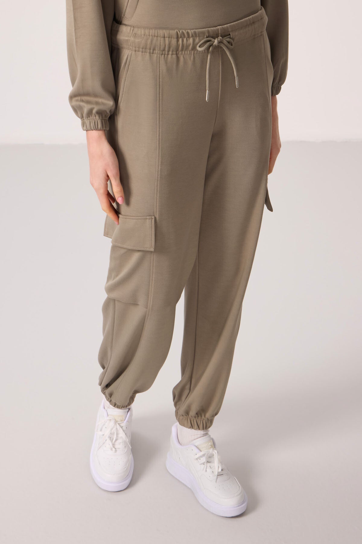 Dark Beige Soft Textured High Neck Hidden Zipper Oversize Women's Tracksuit Set - 95351
