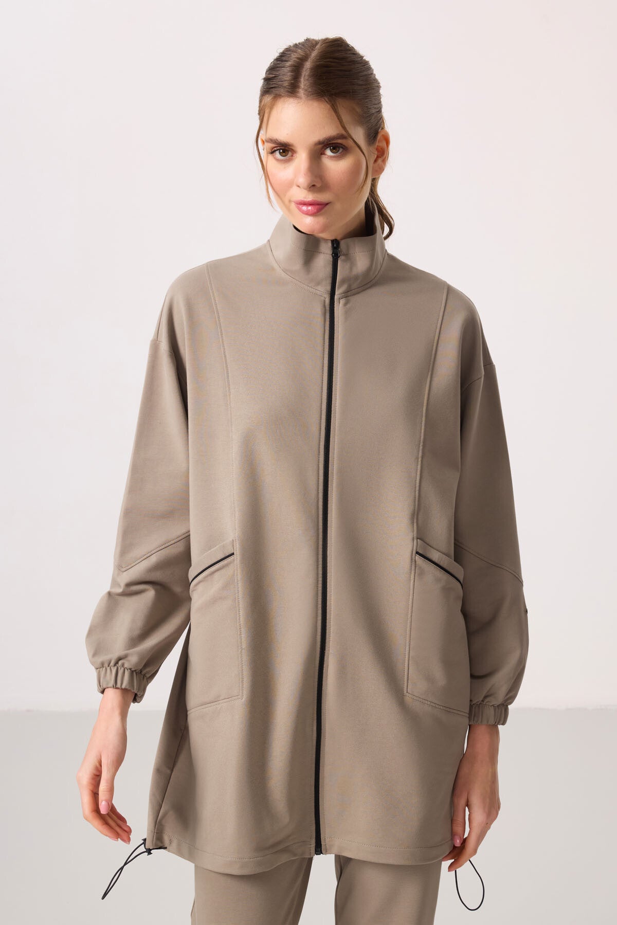 Dark Beige Thick Collar Zippered Comfort Fit Women's Tracksuit Tunic Set - 95345