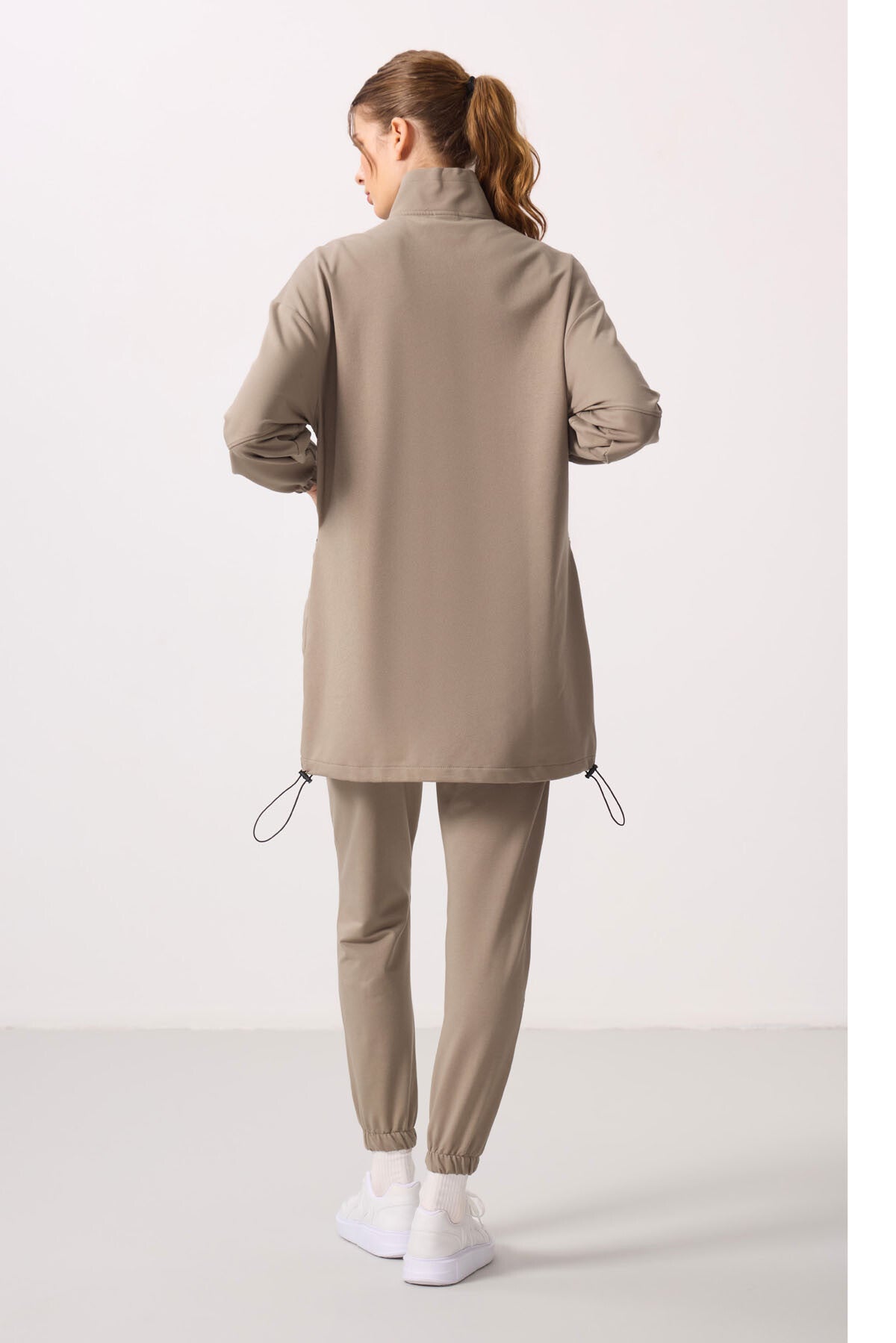 Dark Beige Thick Collar Zippered Comfort Fit Women's Tracksuit Tunic Set - 95345
