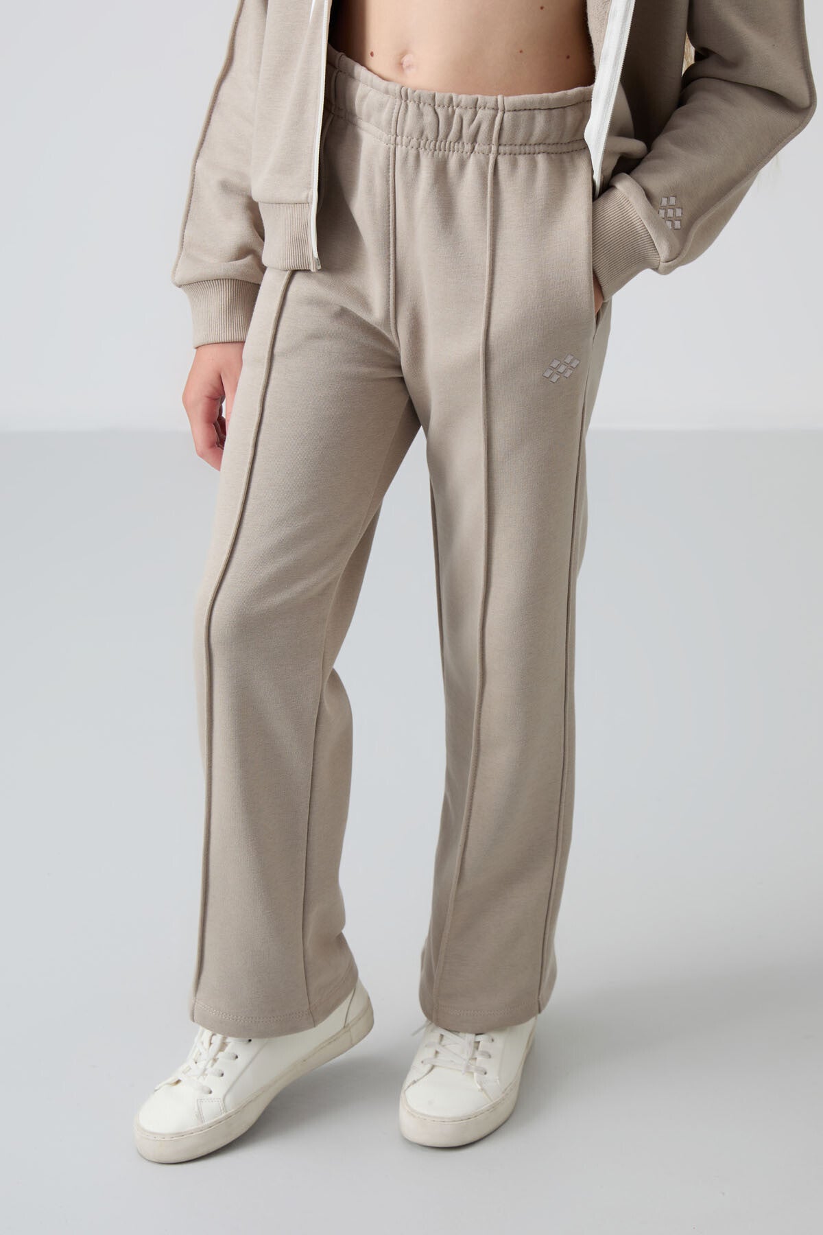 Dark Beige Cotton Fleece-Lined Soft Textured Standard Fit Embroidered Girls' Tracksuit Set - 75161