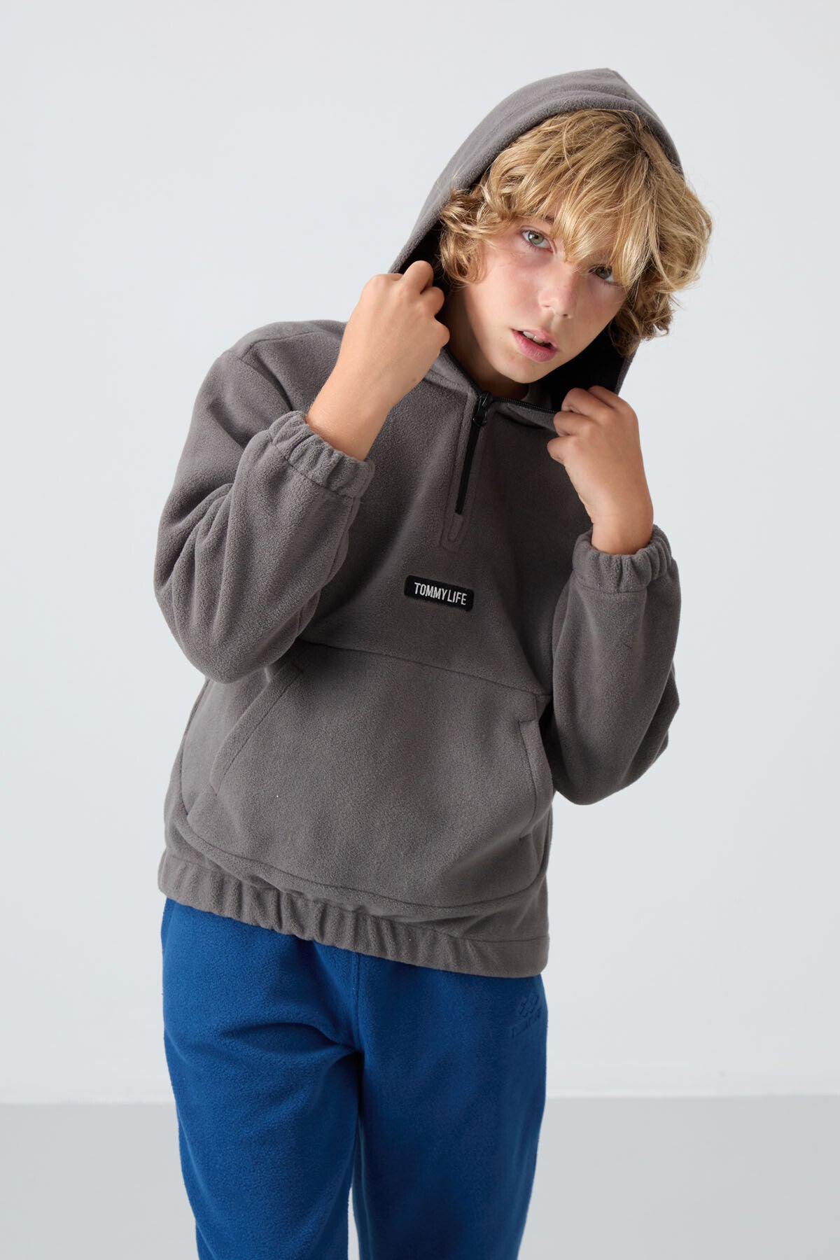 Dark Grey Thick Soft Textured Standard Fit Embroidered Fleece Boys' Sweatshirt - 11230
