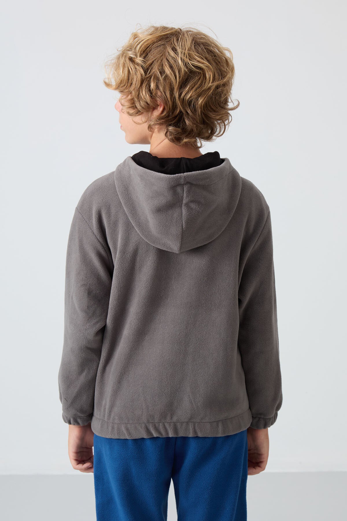 Dark Grey Thick Soft Textured Standard Fit Embroidered Fleece Boys' Sweatshirt - 11230
