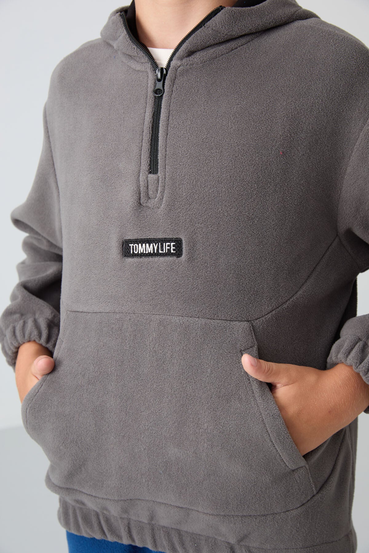 Dark Grey Thick Soft Textured Standard Fit Embroidered Fleece Boys' Sweatshirt - 11230