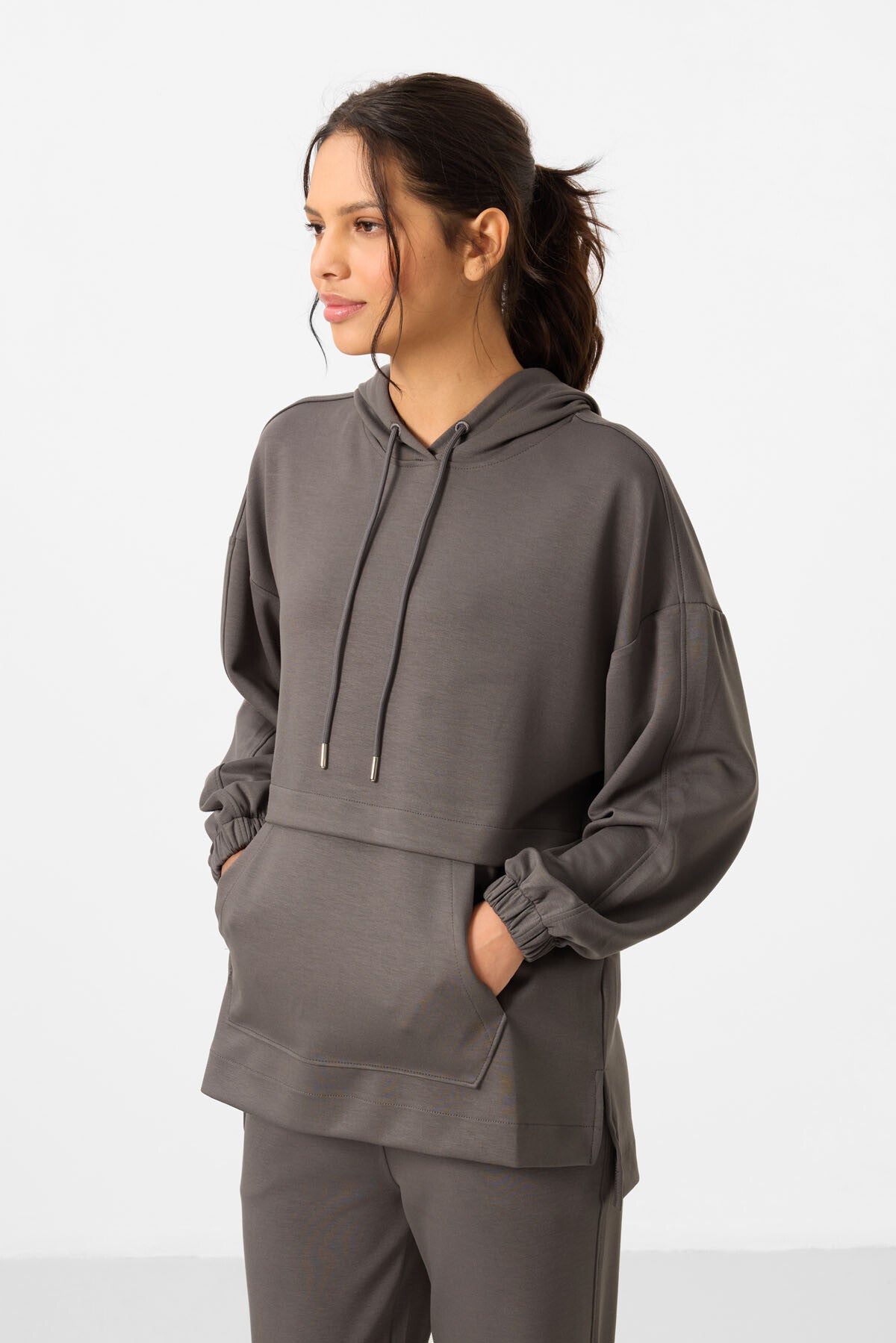 Dark Gray Soft Textured Hooded Oversize Women's Tracksuit Tunic Set - 95348