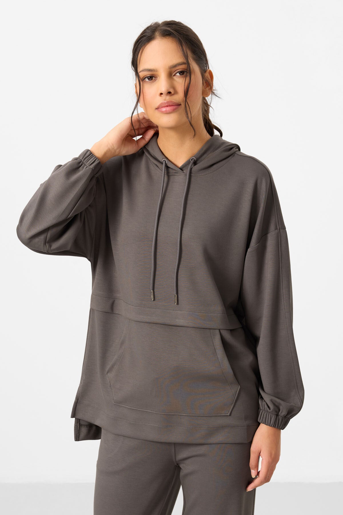 Dark Gray Soft Textured Hooded Oversize Women's Tracksuit Tunic Set - 95348
