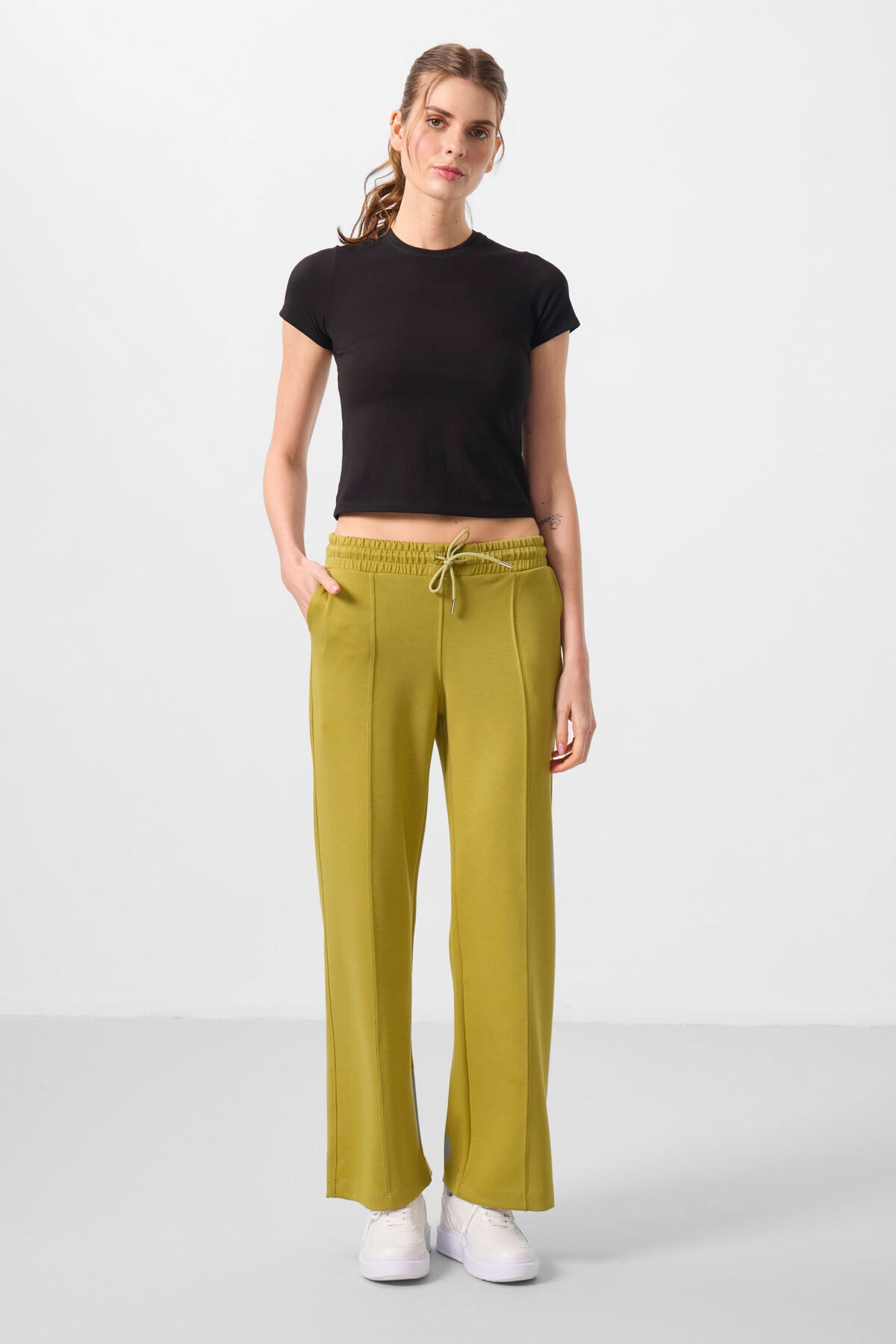 Dark Mustard Soft Textured Pocketed Front Seam Detailed Women's Palazzo Trousers - 94670