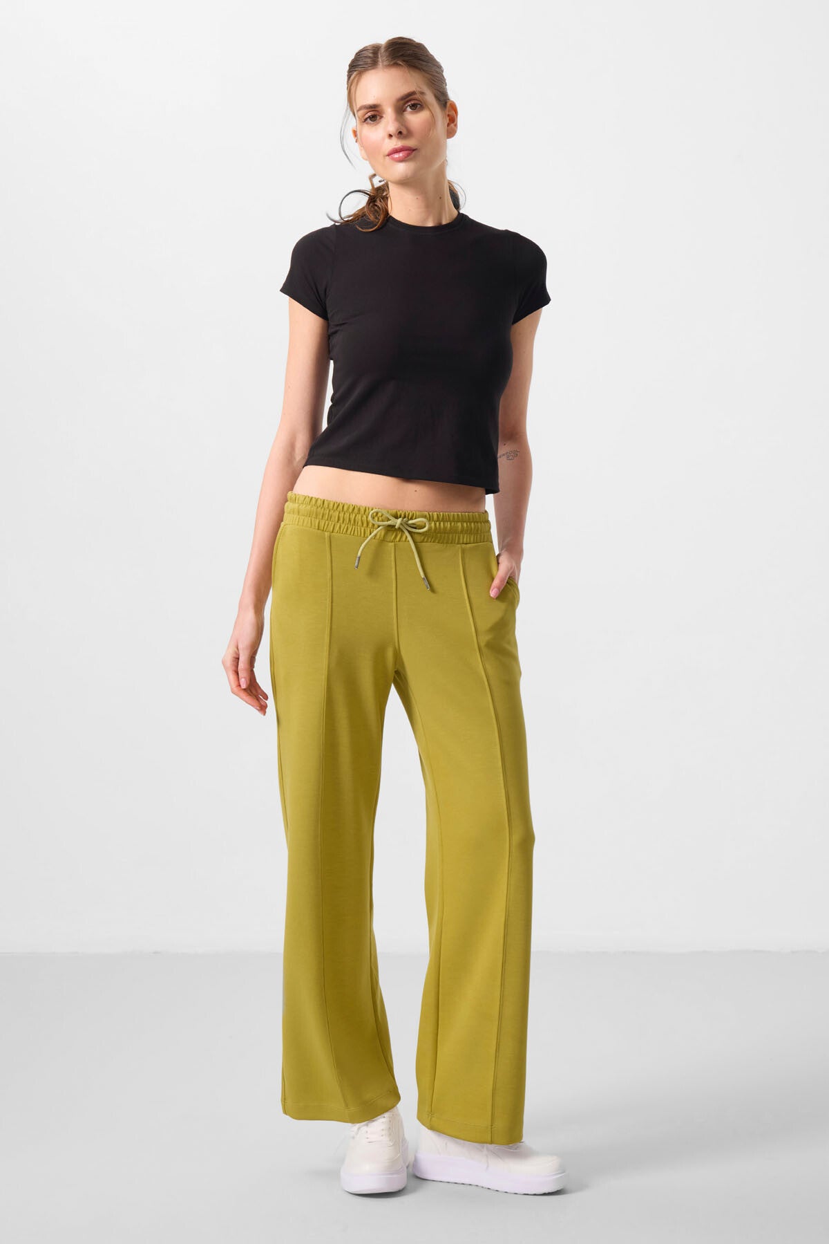 Dark Mustard Soft Textured Pocketed Front Seam Detailed Women's Palazzo Trousers - 94670