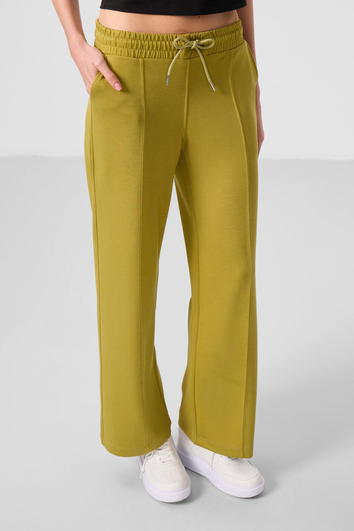 Dark Mustard Soft Textured Pocketed Front Seam Detailed Women's Palazzo Trousers - 94670
