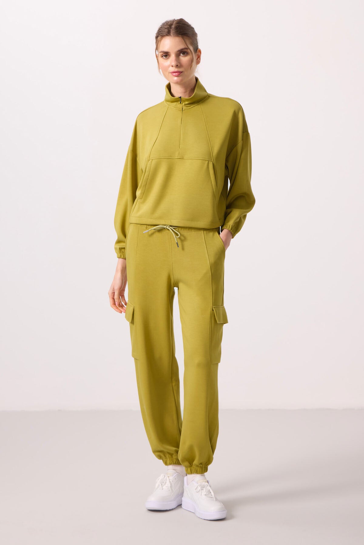 Dark Mustard Soft Textured High Neck Hidden Zipper Oversize Women's Tracksuit Set - 95351