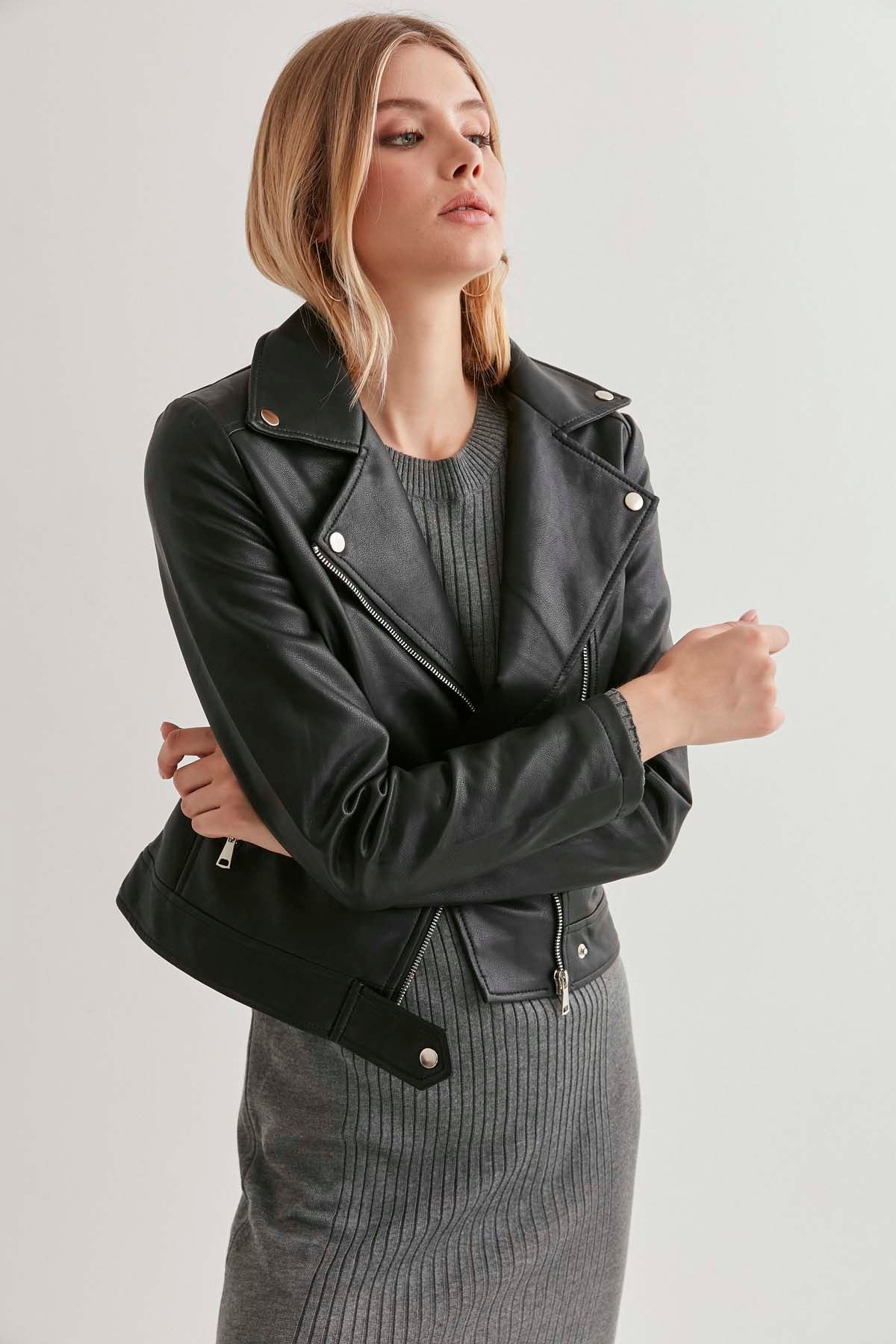 DOUBLE-BREASTED FAUX LEATHER ZIPPERED JACKET
