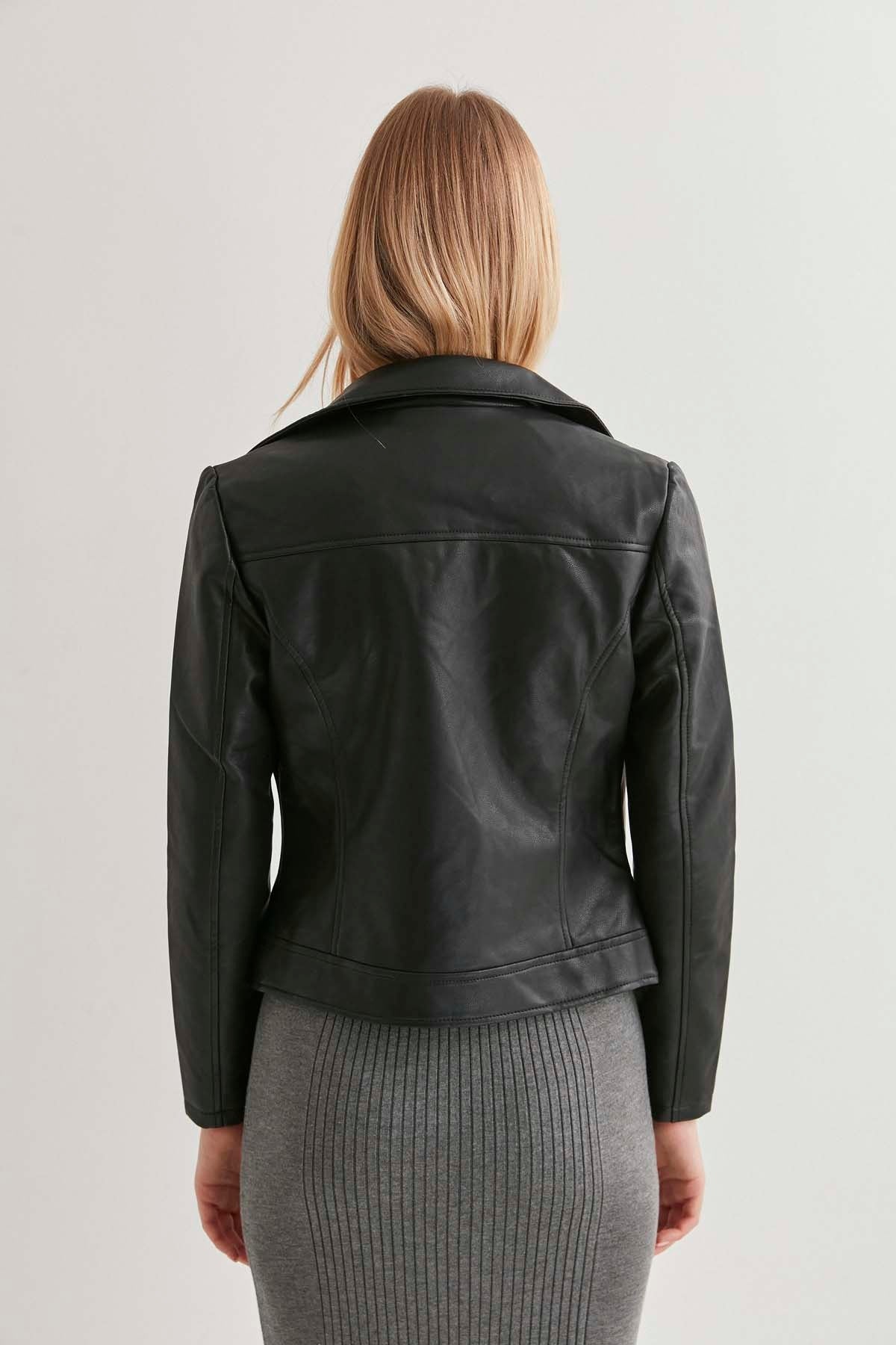 DOUBLE-BREASTED FAUX LEATHER ZIPPERED JACKET