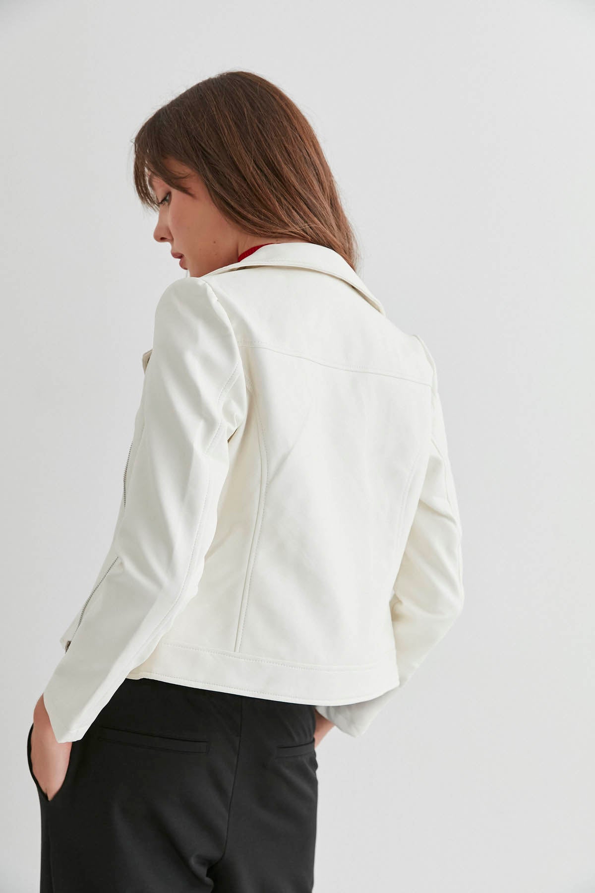DOUBLE-BREASTED FAUX LEATHER ZIPPERED JACKET