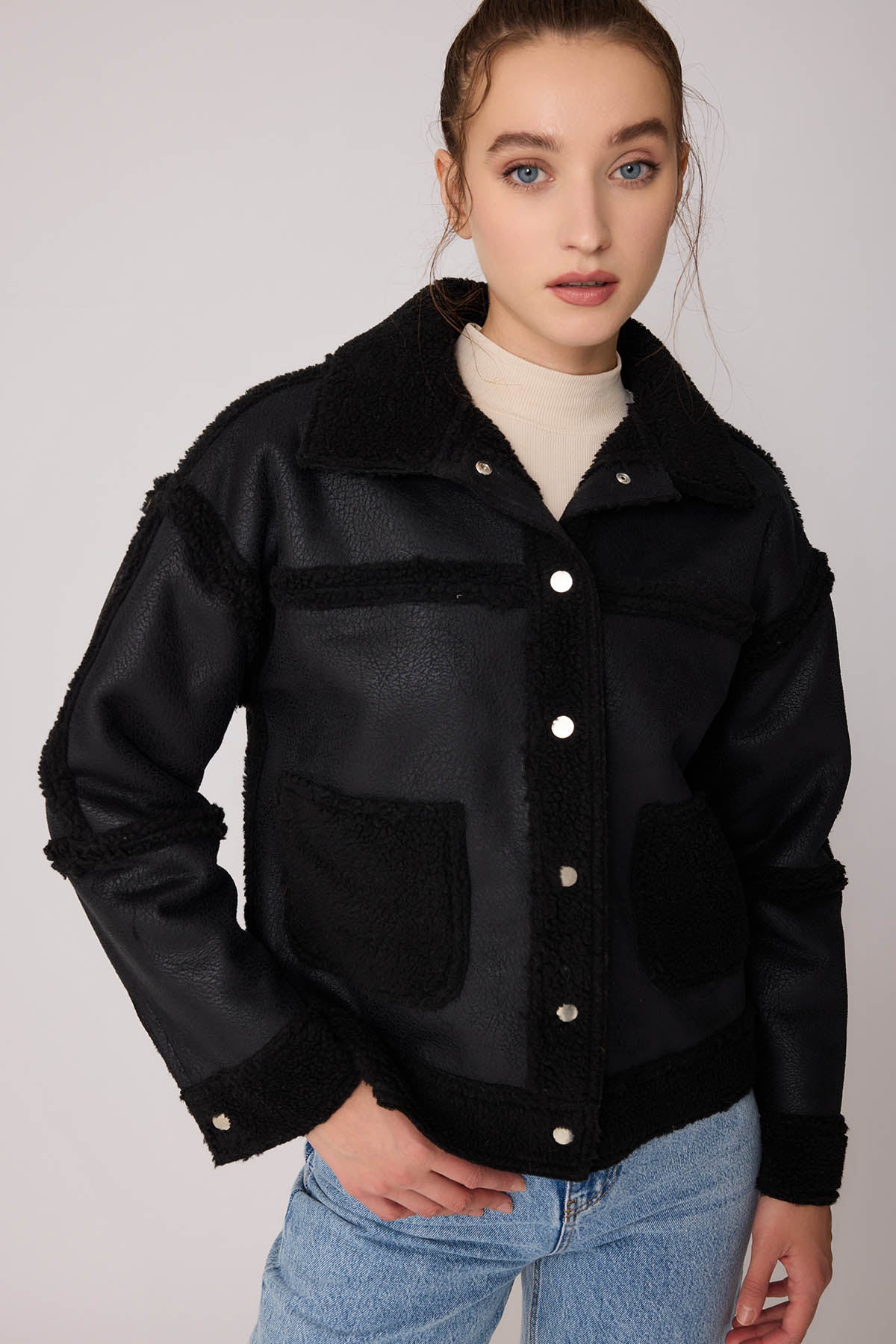 FUR WALLED STUDS COVERED FAUX LEATHER BIKER JACKET