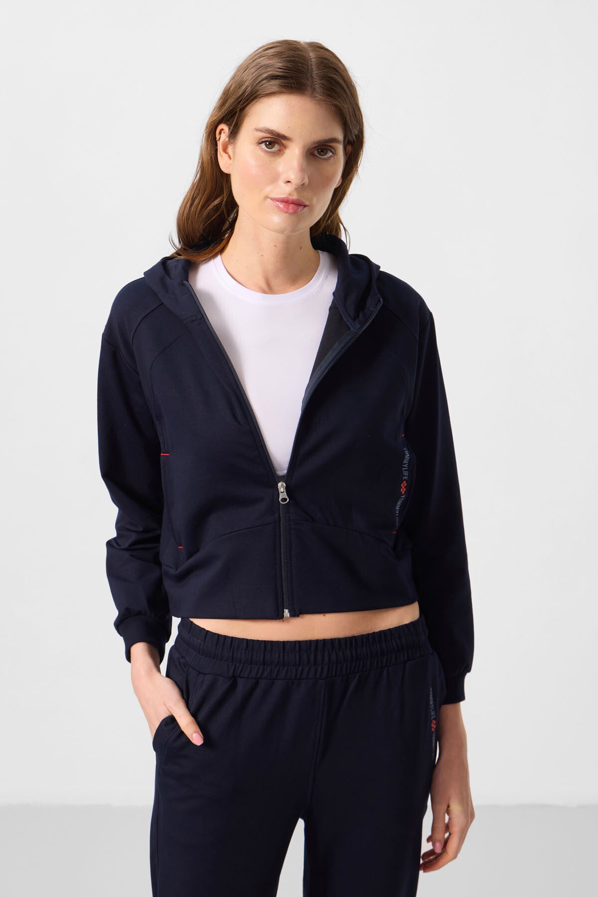 Navy Blue Hooded Zippered Oversize Women's Tracksuit Set - 95328