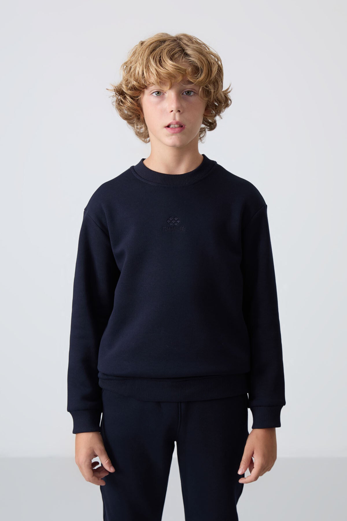 Navy Blue Cotton Thick Fleece-Lined Soft Textured Standard Fit Embroidered Boys' Tracksuit Set - 11249