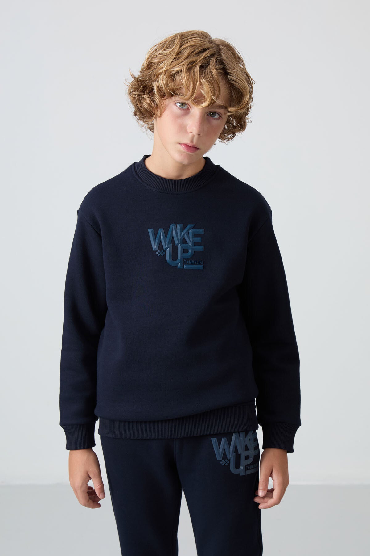 Navy Blue Cotton Thick Fleece-Lined Soft Textured Standard Fit Printed Boys' Tracksuit Set - 11253