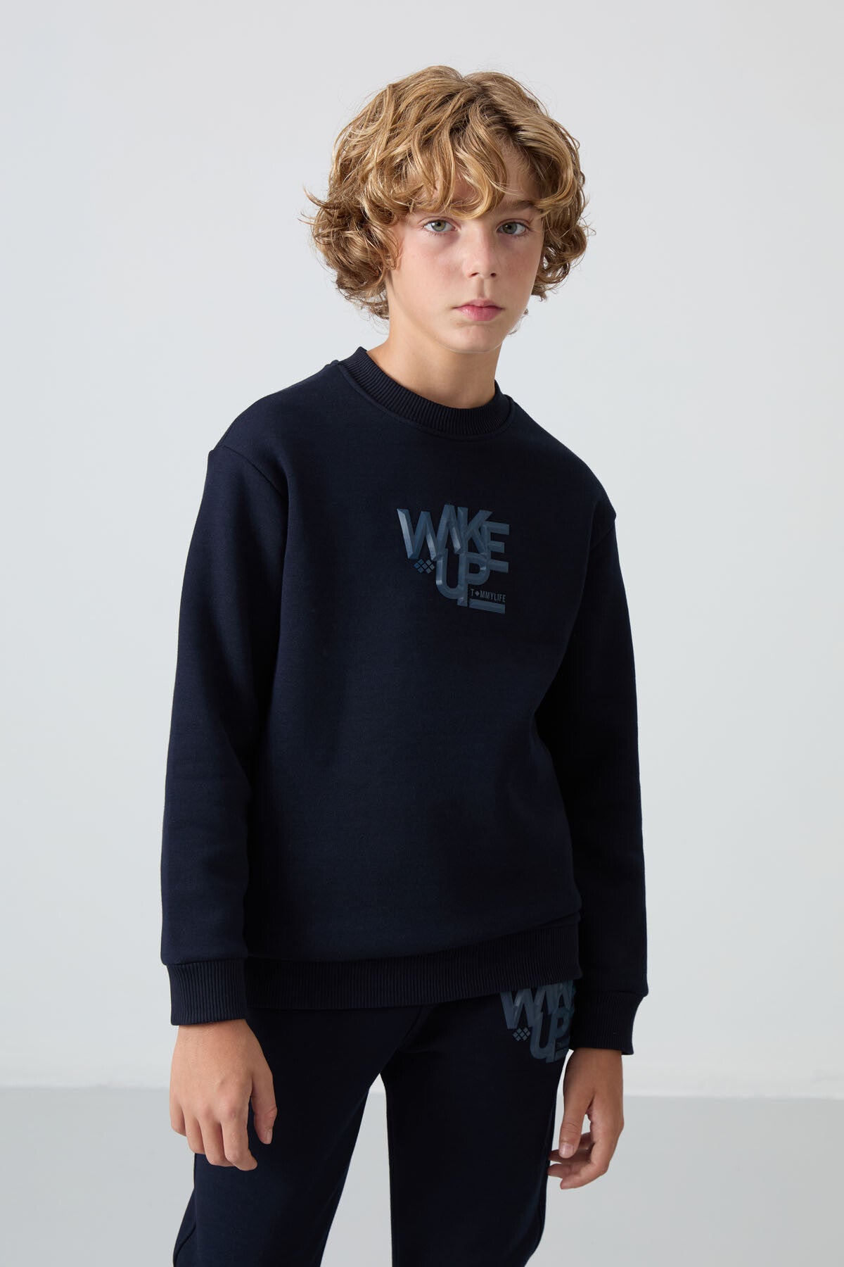 Navy Blue Cotton Thick Fleece-Lined Soft Textured Standard Fit Printed Boys' Tracksuit Set - 11253