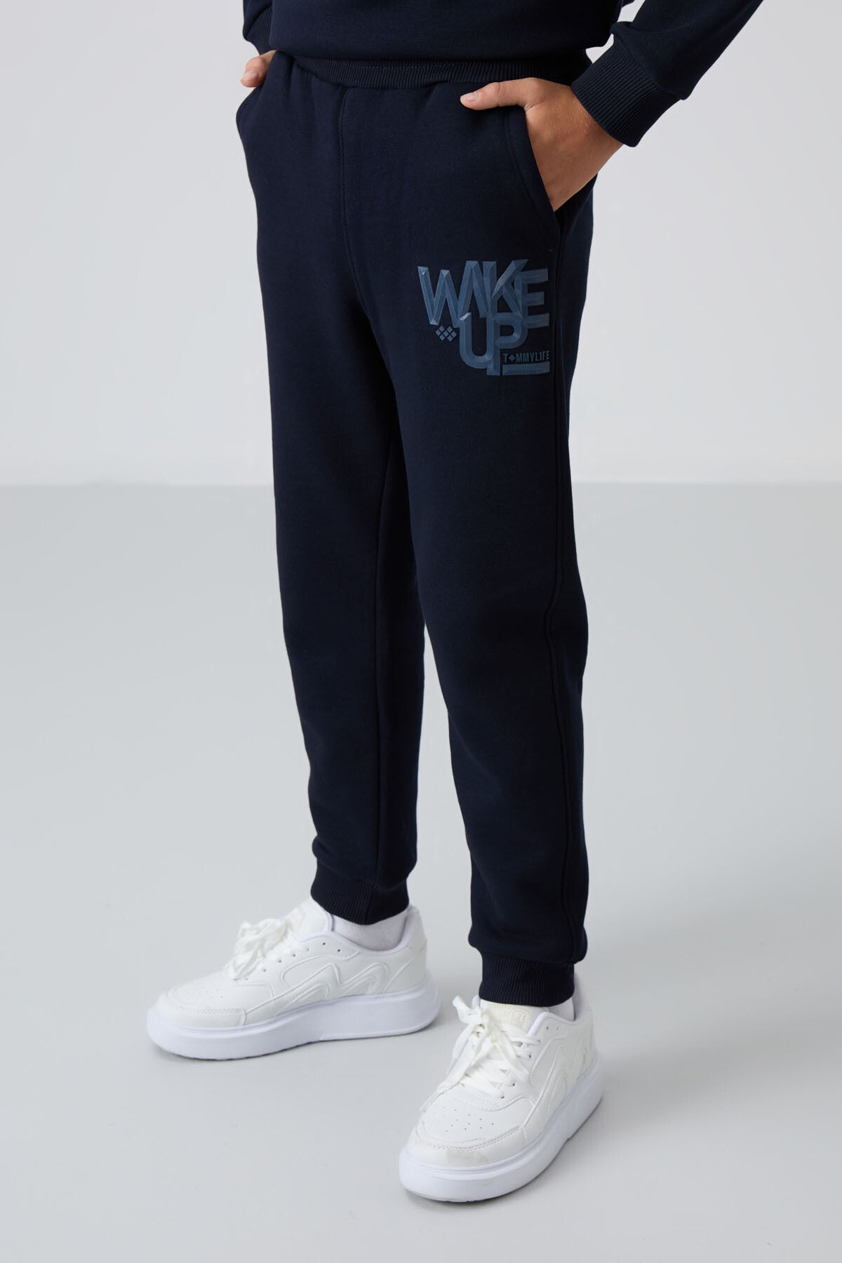 Navy Blue Cotton Thick Fleece-Lined Soft Textured Standard Fit Printed Boys' Tracksuit Set - 11253