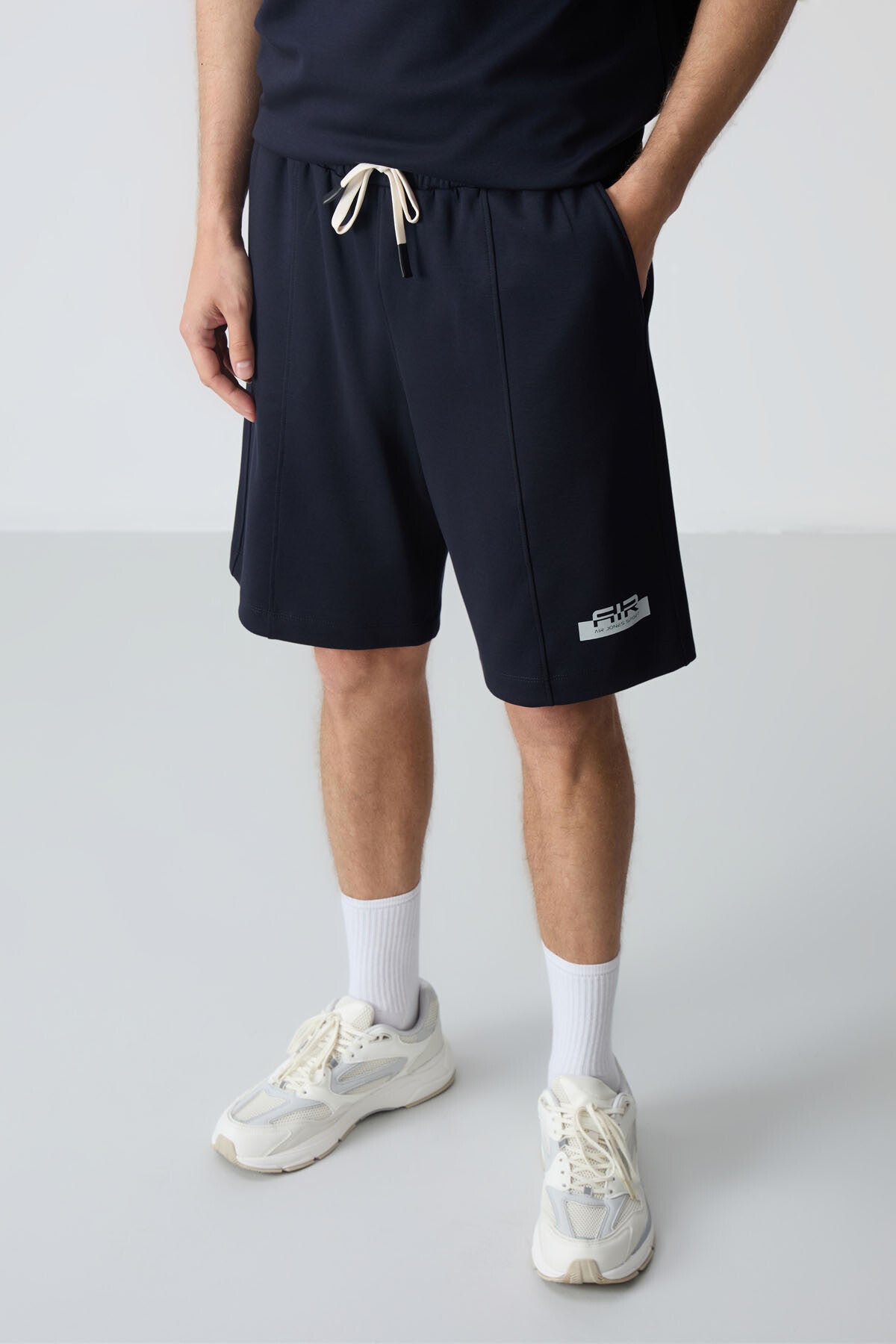 Navy Blue Cotton Thick Soft Textured Oversize Fit Basic Men's Shorts Set - 85259